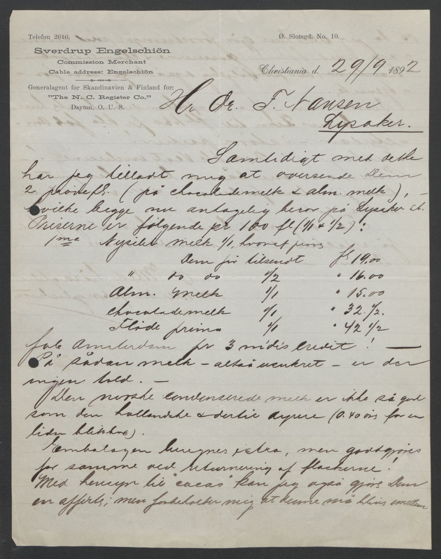 Arbeidskomitéen for Fridtjof Nansens polarekspedisjon, AV/RA-PA-0061/D/L0004: Innk. brev og telegrammer vedr. proviant og utrustning, 1892-1893, s. 148