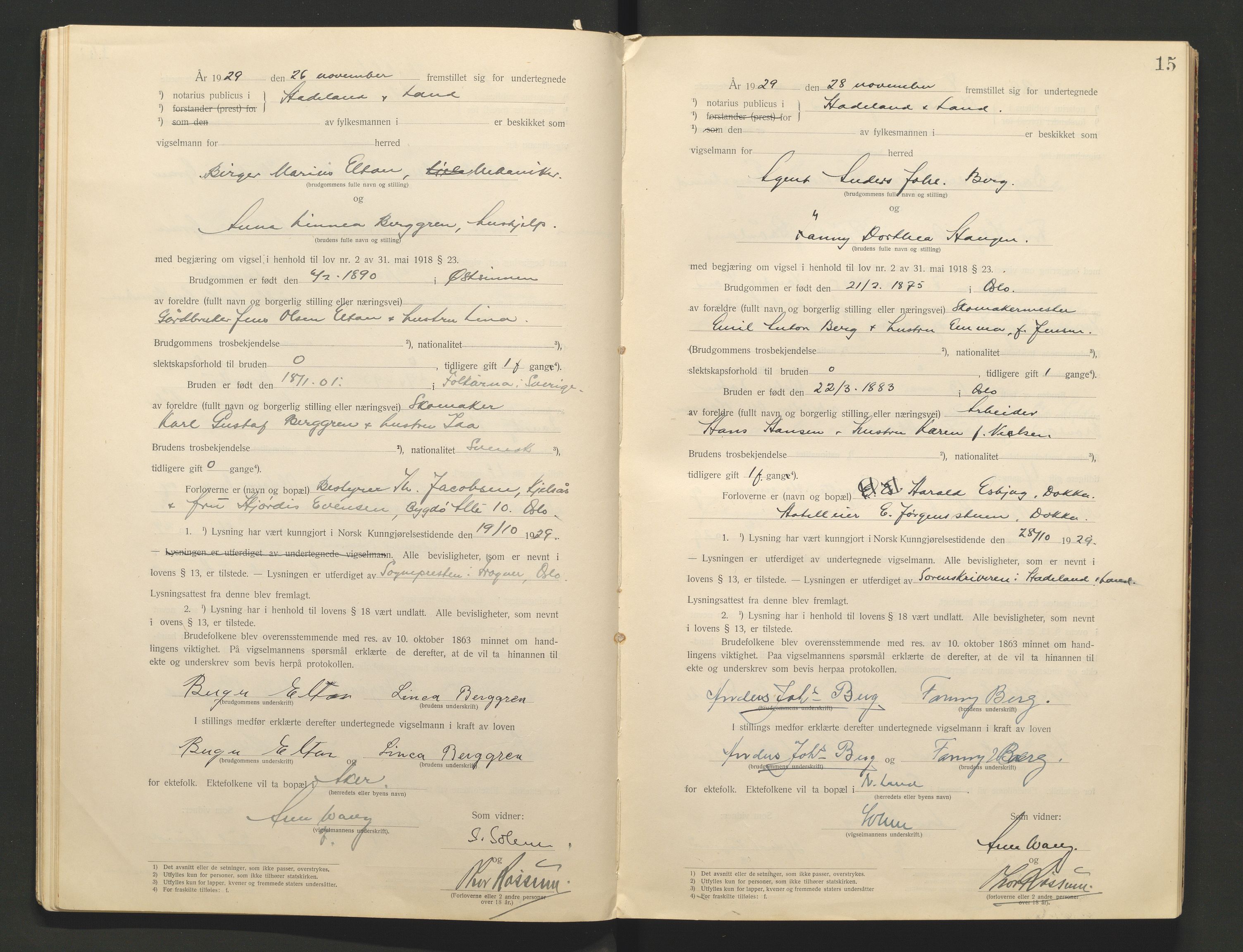 Hadeland og Land tingrett, AV/SAH-TING-010/L/Lb/L0001: Vigselbok, 1920-1943, s. 15
