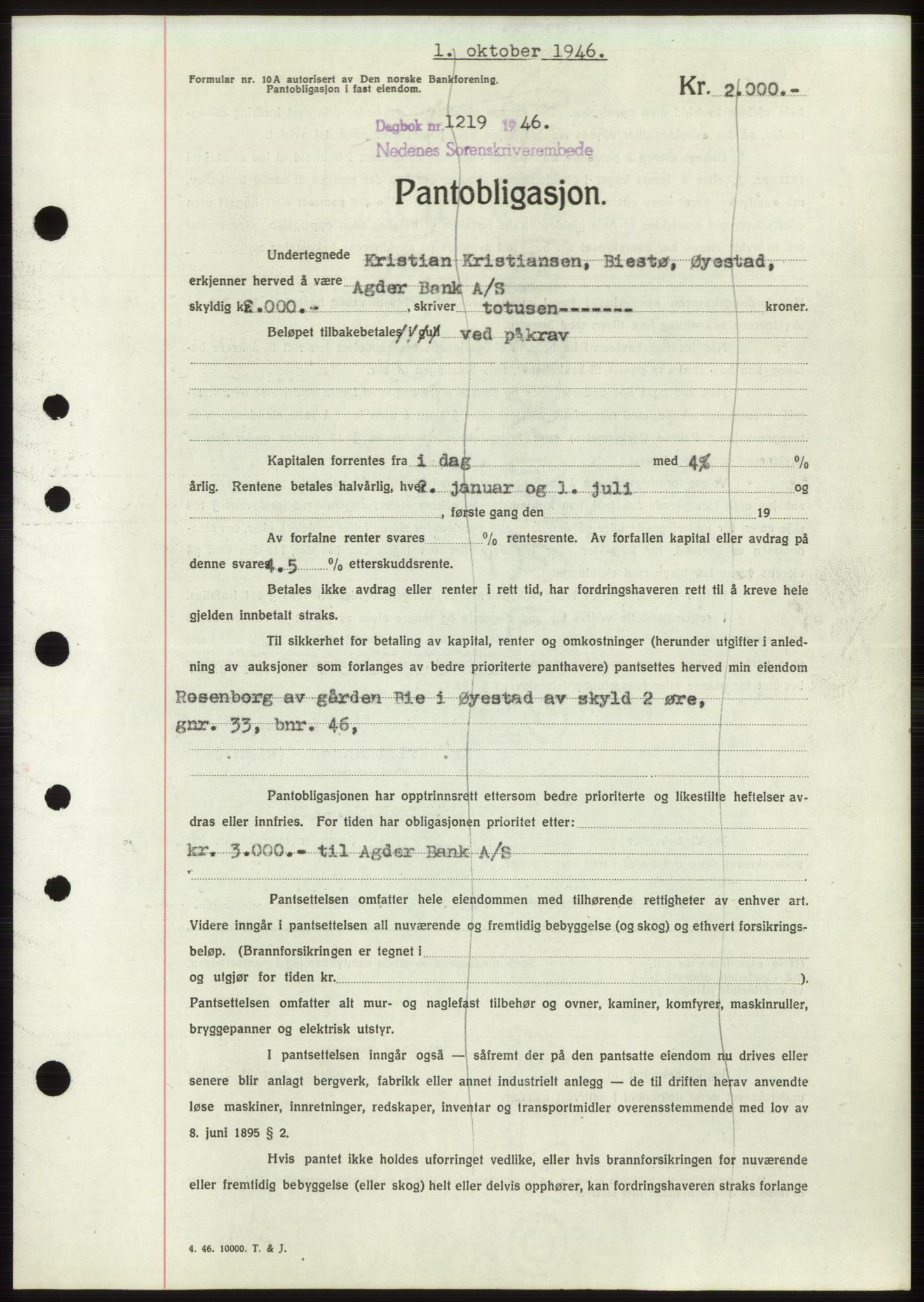Nedenes sorenskriveri, SAK/1221-0006/G/Gb/Gbb/L0003: Pantebok nr. B3b, 1946-1946, Dagboknr: 1219/1946