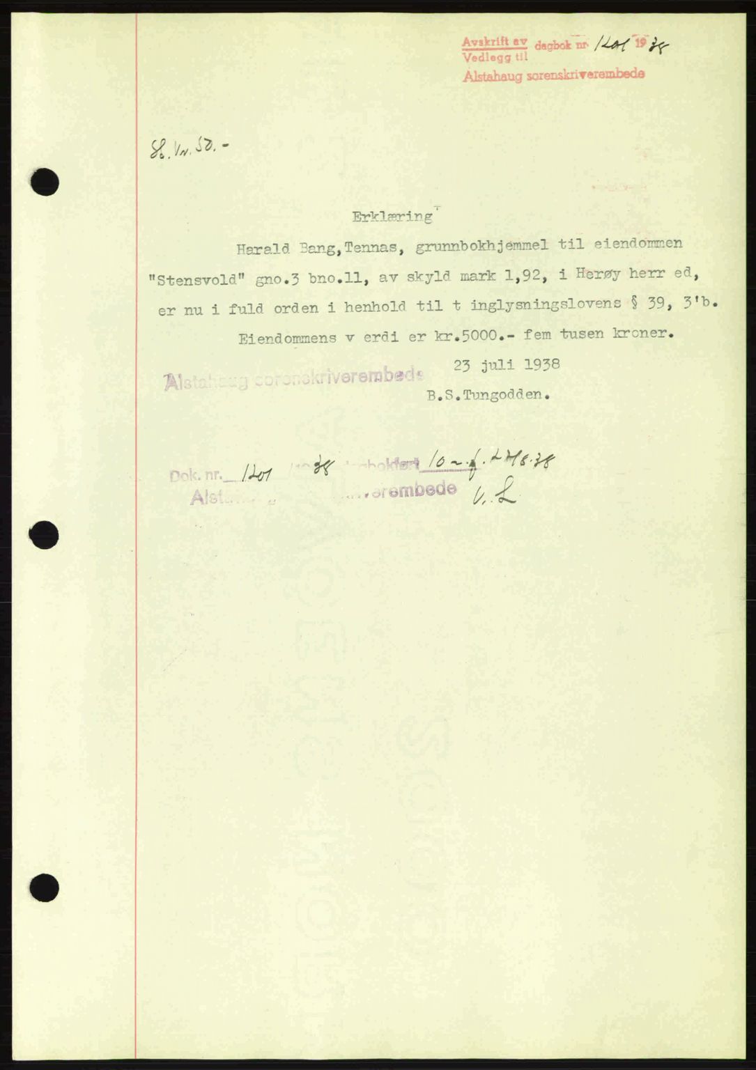 Alstahaug sorenskriveri, SAT/A-1009: Pantebok nr. A3, 1937-1938, Dagboknr: 1201/1938