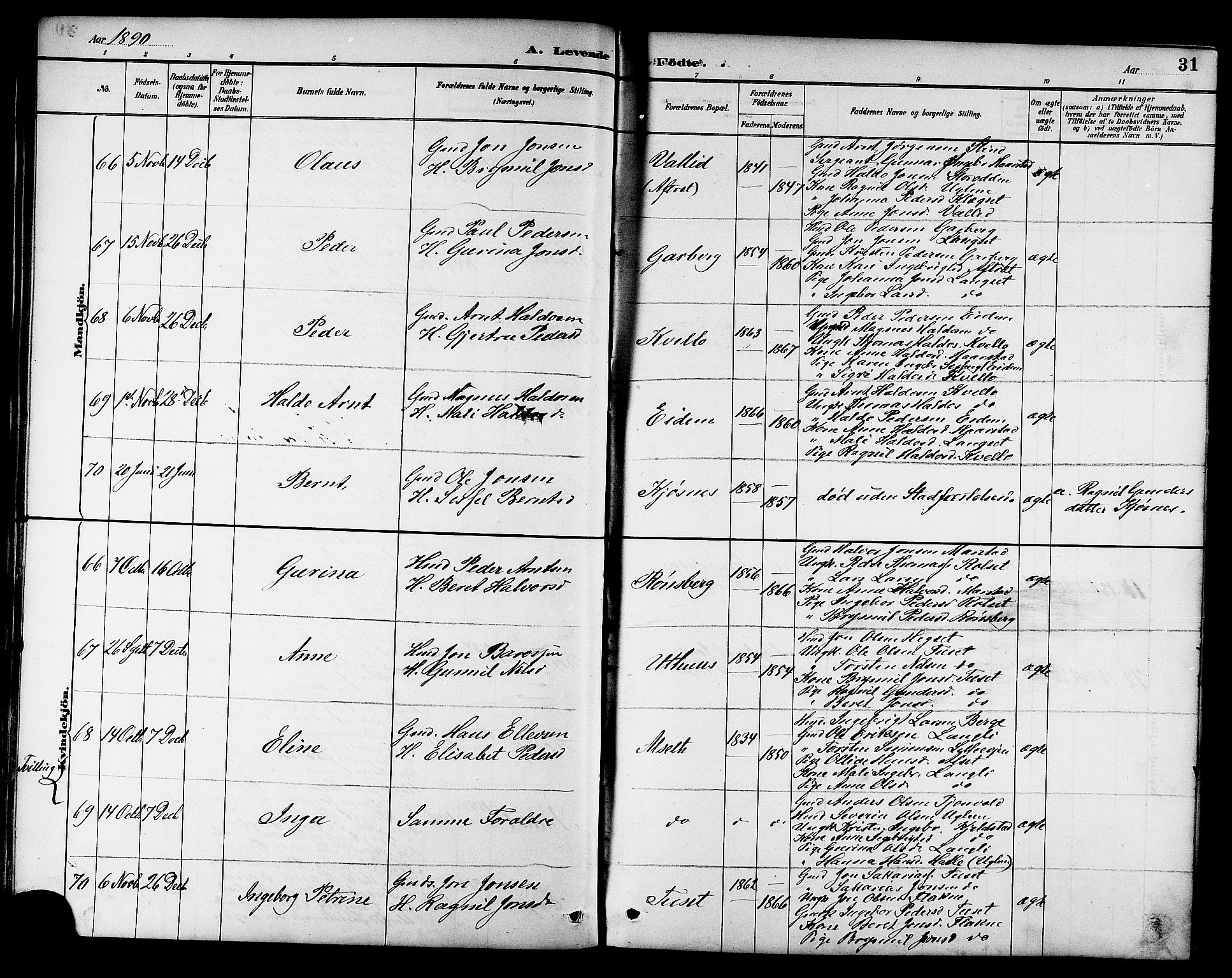 Ministerialprotokoller, klokkerbøker og fødselsregistre - Sør-Trøndelag, AV/SAT-A-1456/695/L1157: Klokkerbok nr. 695C08, 1889-1913, s. 31