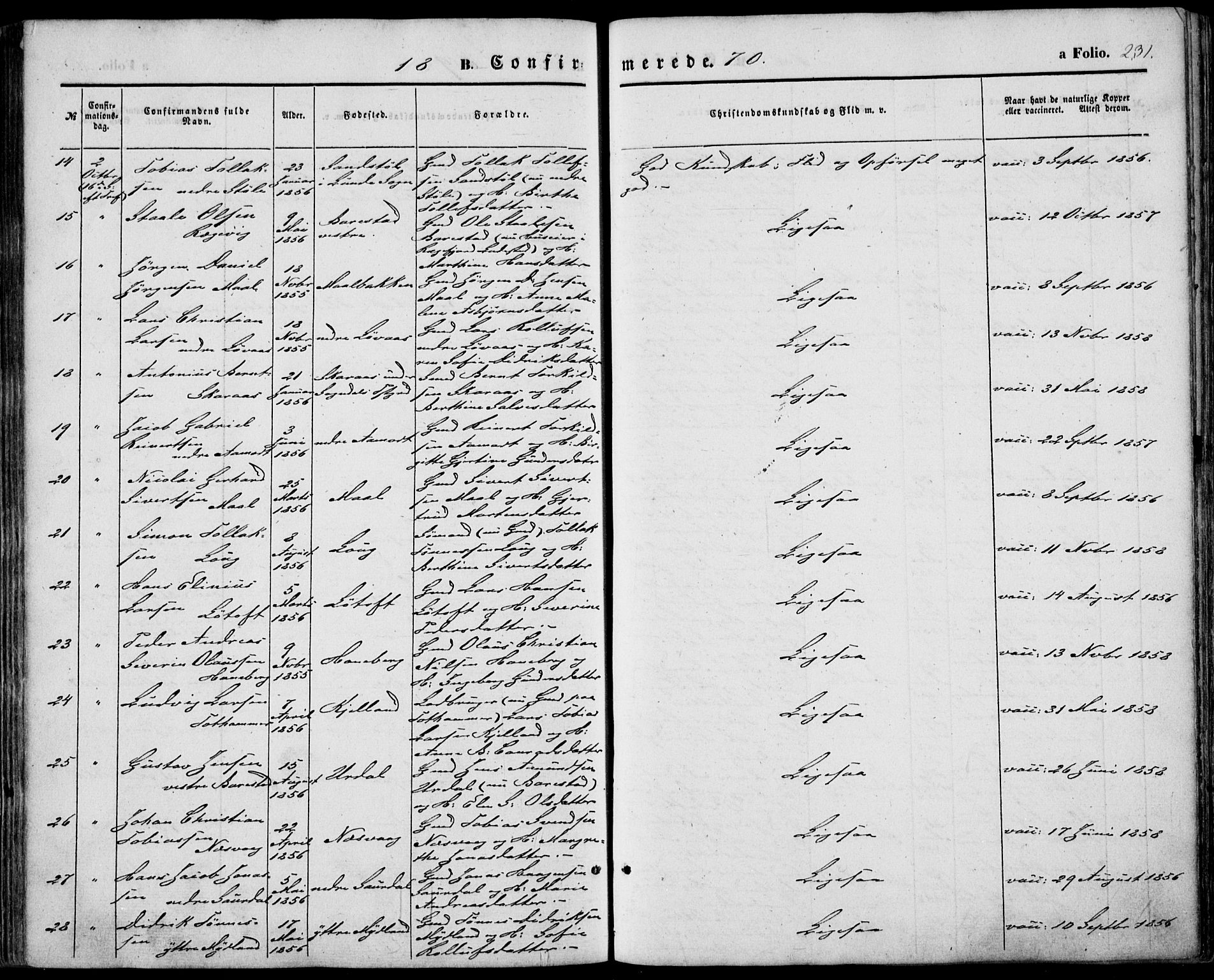 Sokndal sokneprestkontor, AV/SAST-A-101808: Ministerialbok nr. A 9, 1857-1874, s. 231