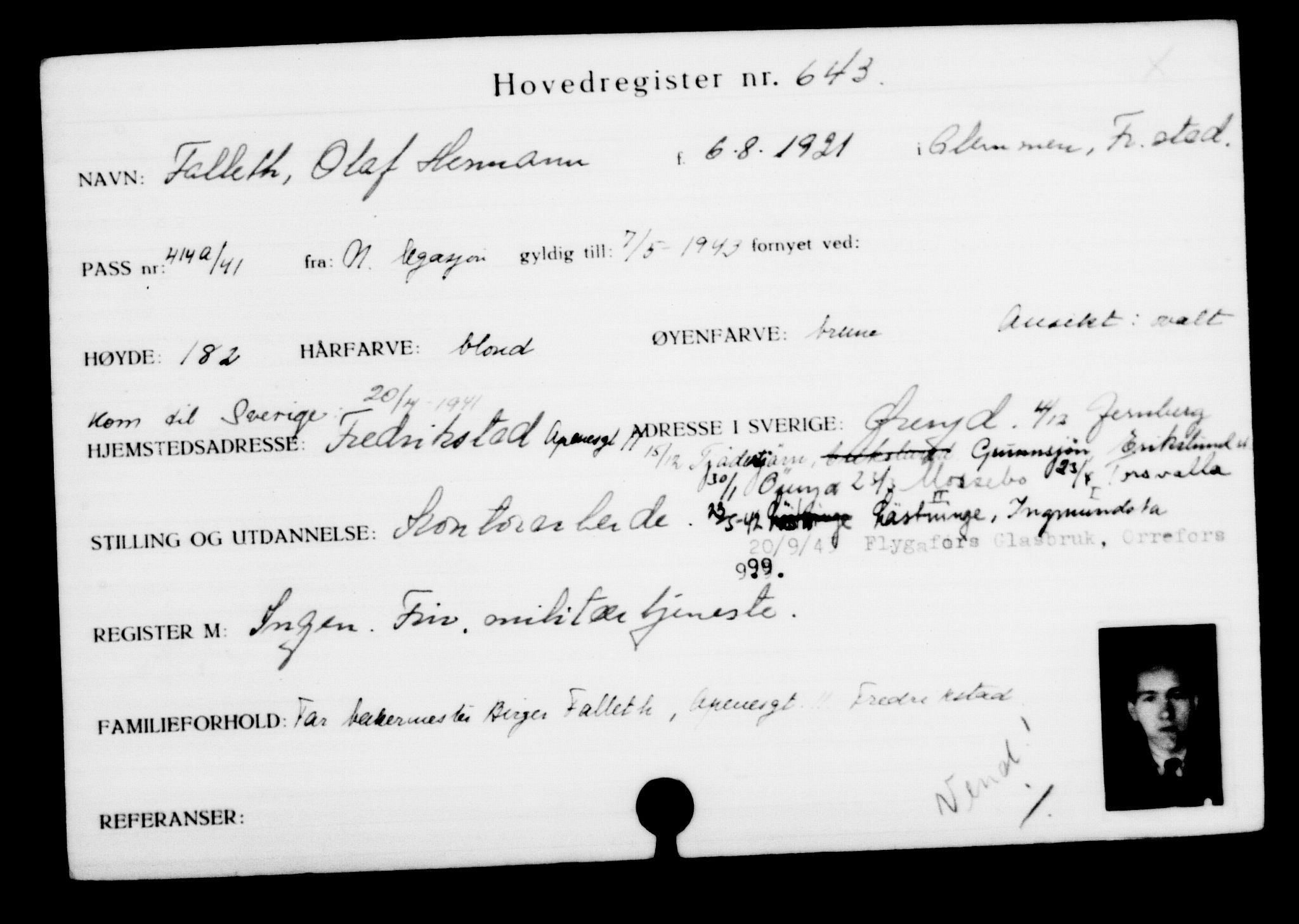Utenriksstasjonene, Legasjonen i Stockholm, Flyktningkontoret, AV/RA-S-6753/V/Va/L0001: Kjesäterkartoteket, flyktninger med registreringsnr. 1-1000, 1940-1945, s. 1002