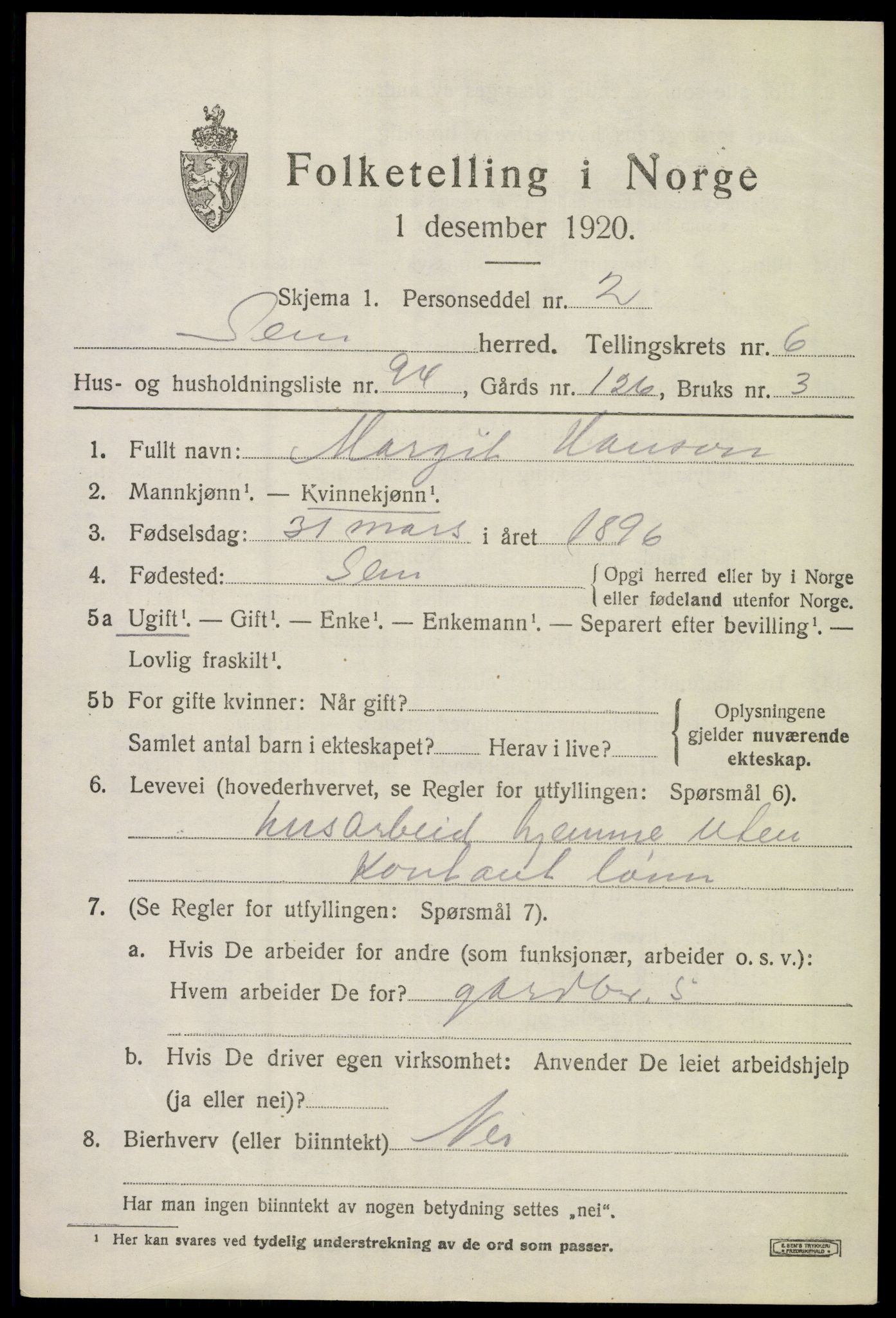 SAKO, Folketelling 1920 for 0721 Sem herred, 1920, s. 10327