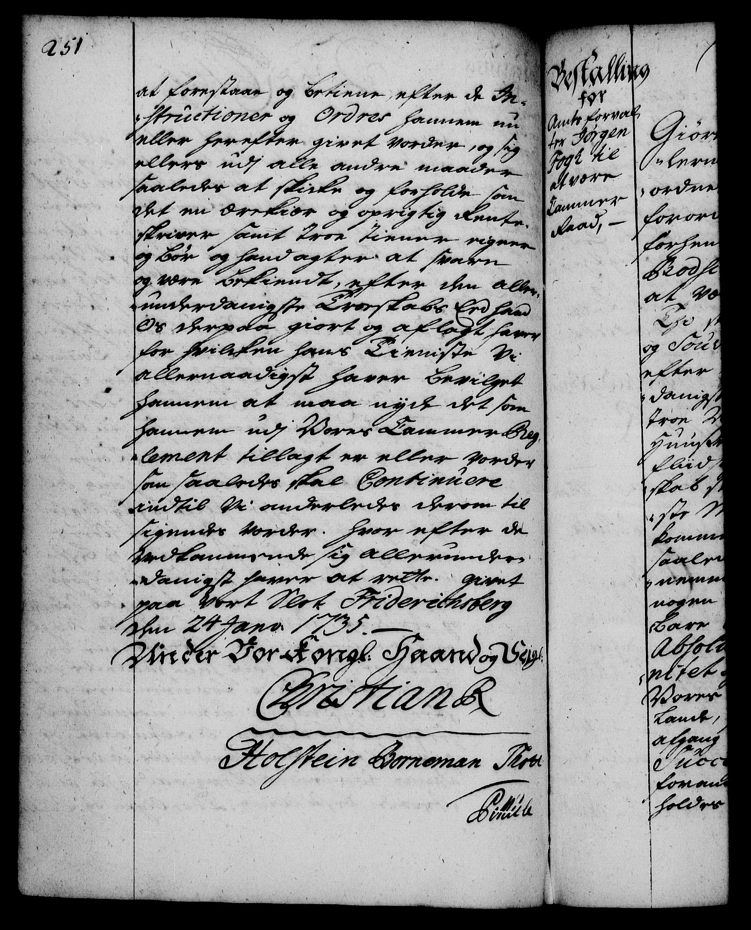 Rentekammeret, Kammerkanselliet, RA/EA-3111/G/Gg/Gge/L0002: Norsk bestallingsprotokoll med register (merket RK 53.26), 1730-1744, s. 251