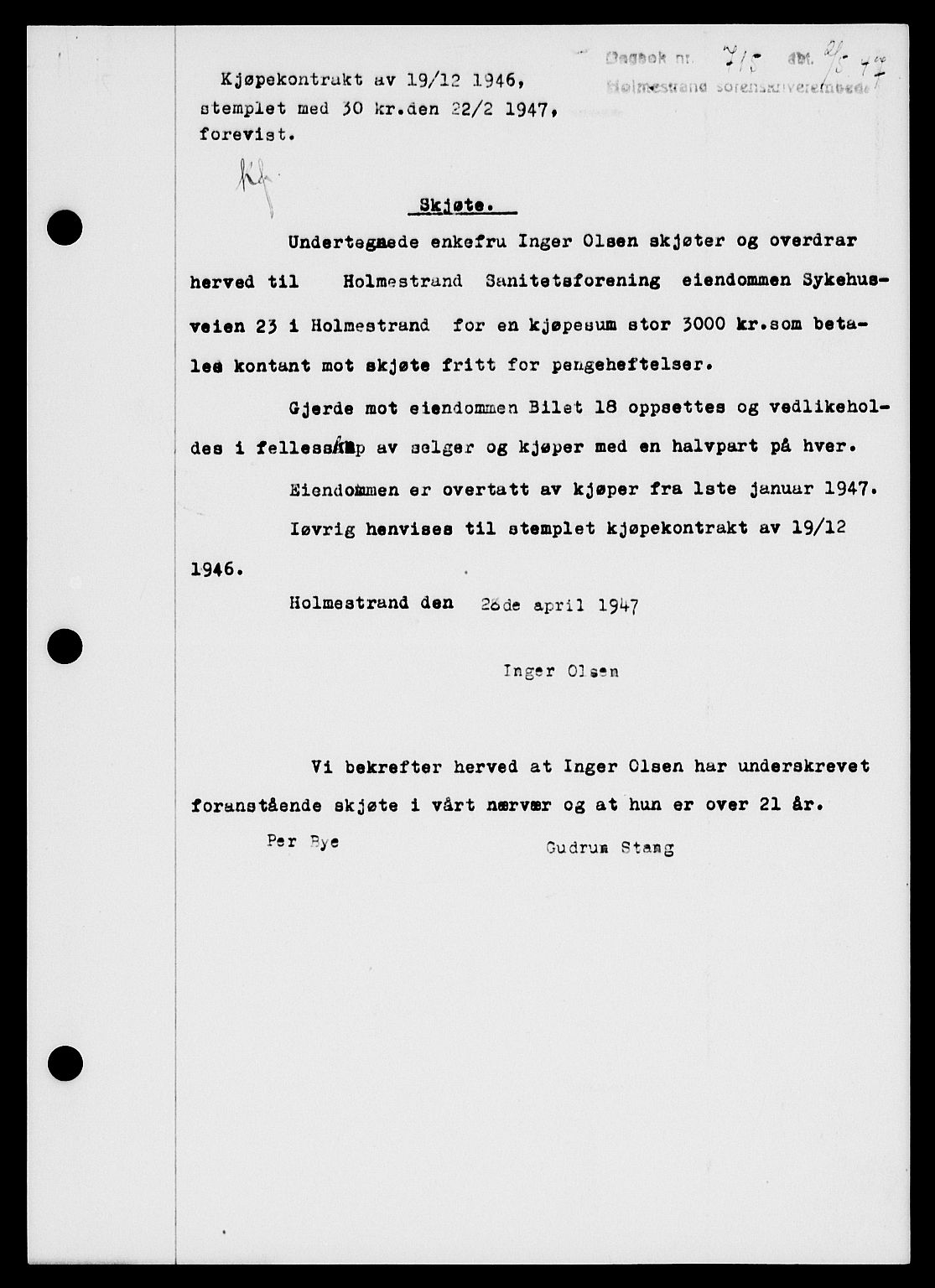 Holmestrand sorenskriveri, SAKO/A-67/G/Ga/Gaa/L0062: Pantebok nr. A-62, 1947-1947, Dagboknr: 715/1947