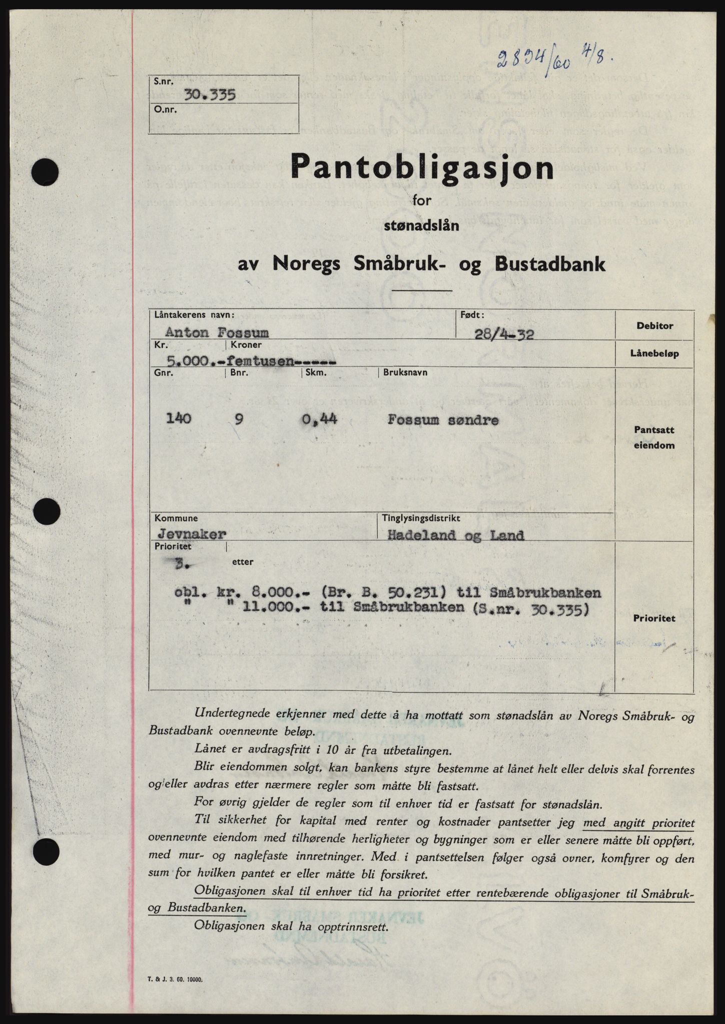 Hadeland og Land tingrett, SAH/TING-010/H/Hb/Hbc/L0043: Pantebok nr. B43, 1960-1960, Dagboknr: 2834/1960