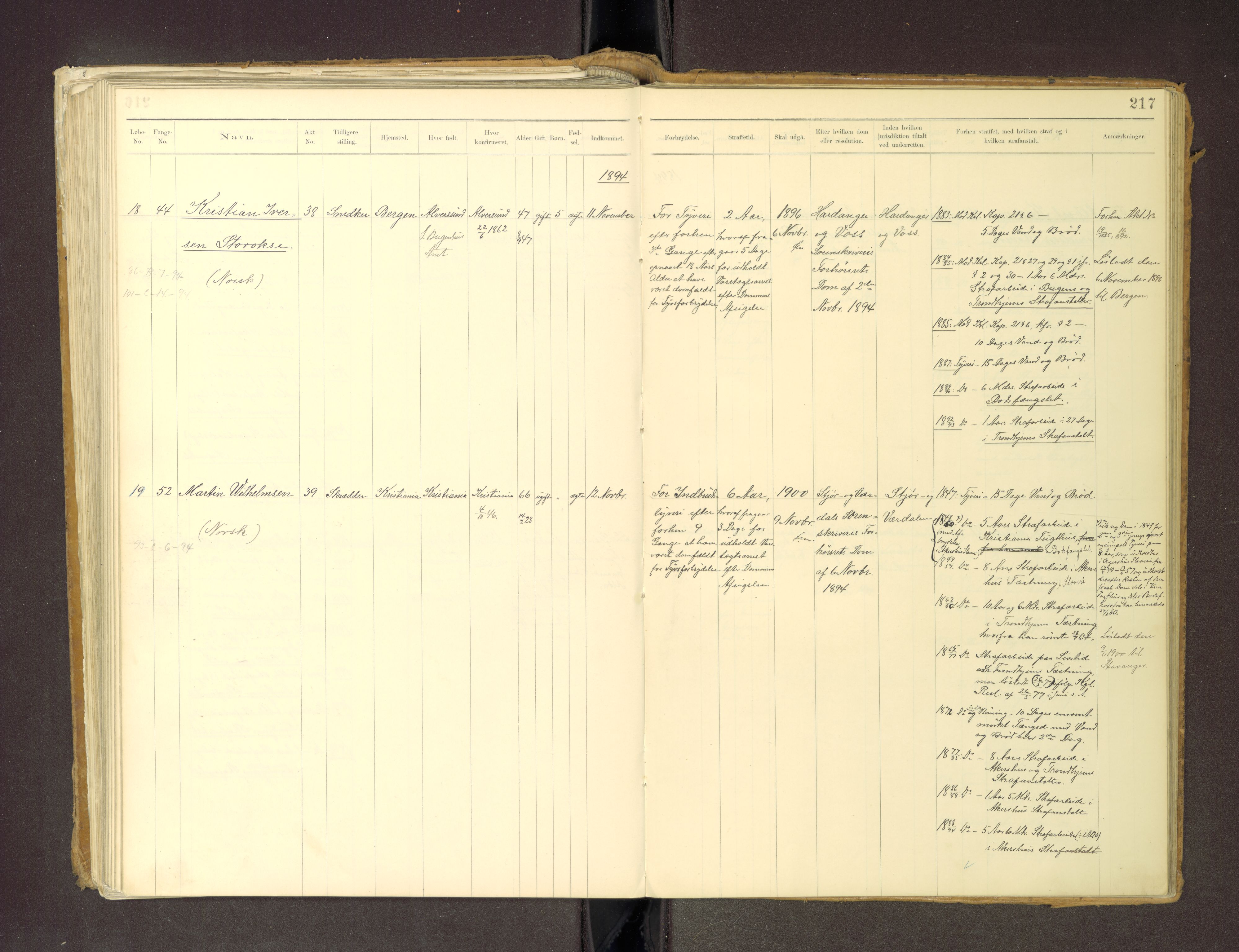 Trondheim tukthus, SAT/A-4619/05/65/L0036: 65.36 Fangeprotokoll m/reg, 1885-1898, s. 217