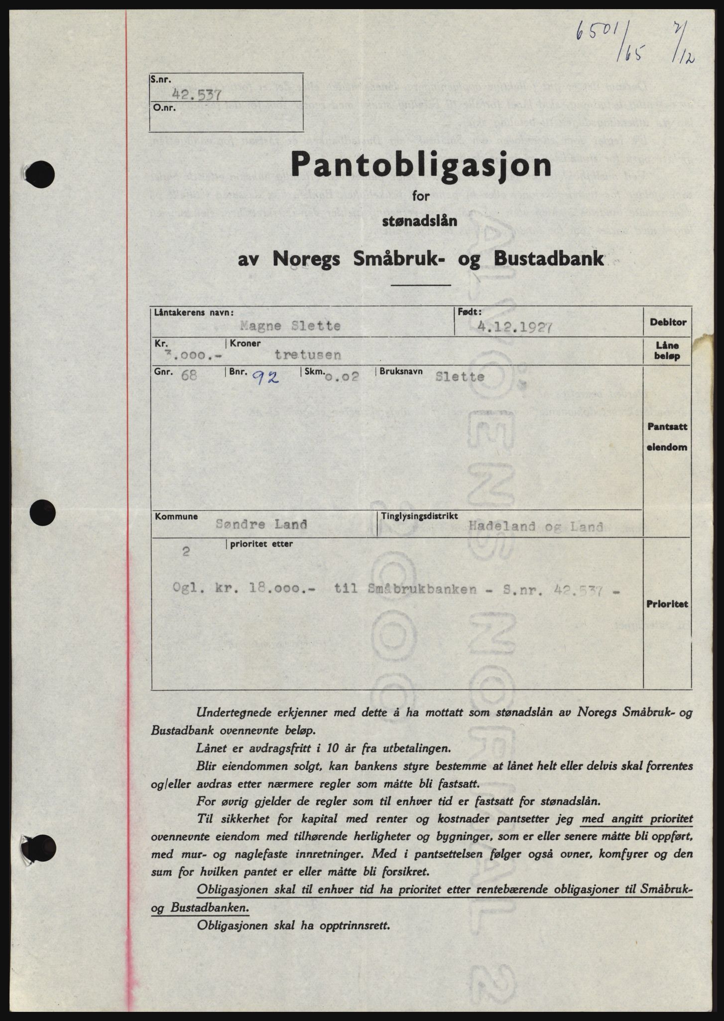 Hadeland og Land tingrett, SAH/TING-010/H/Hb/Hbc/L0061: Pantebok nr. B61, 1965-1966, Dagboknr: 6501/1965