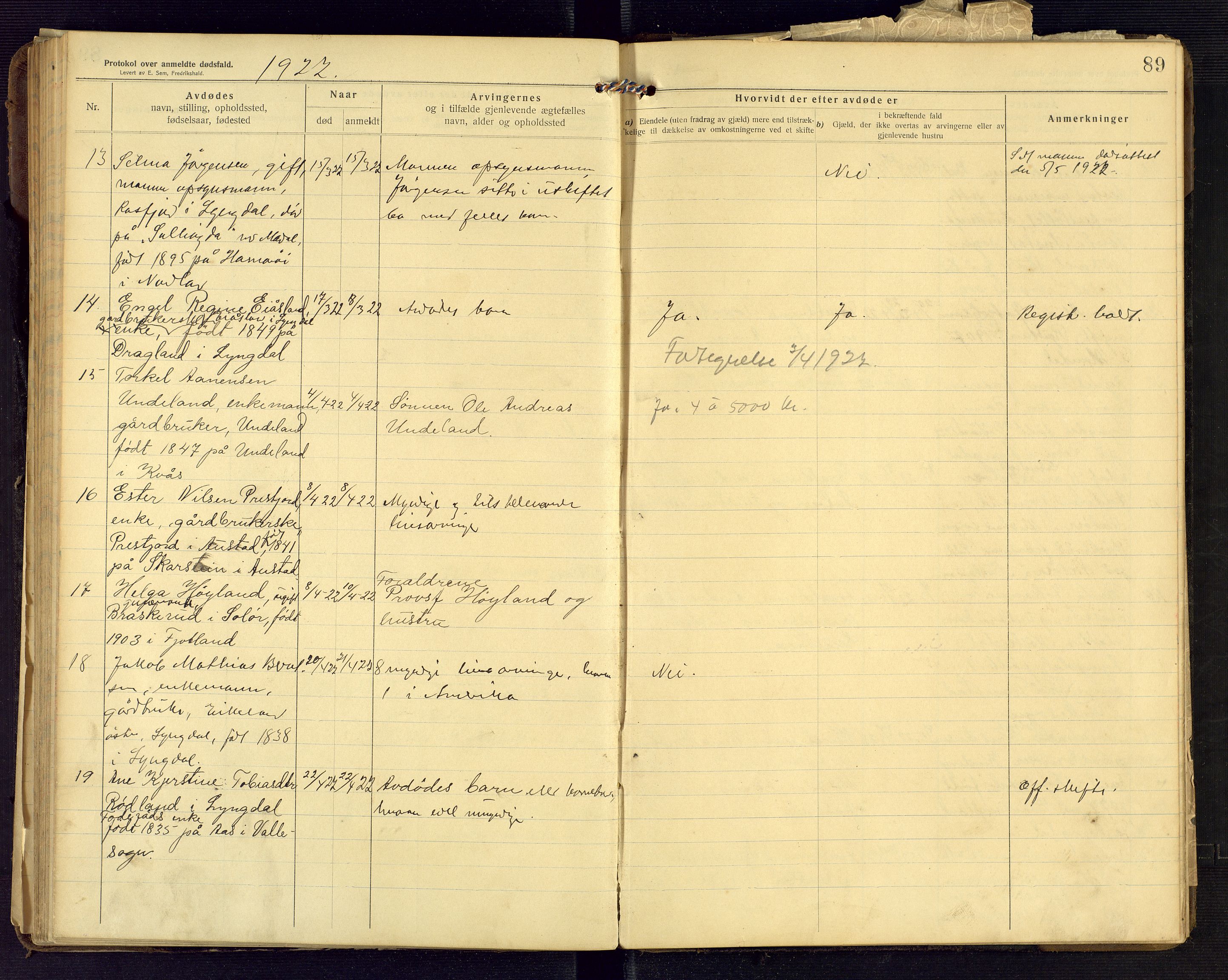 Lyngdal lensmannskontor, AV/SAK-1241-0031/F/Fe/L0001/0003: Dødsfall nr 8 / Dødsfallsprotokoll, 1914-1923, s. 89