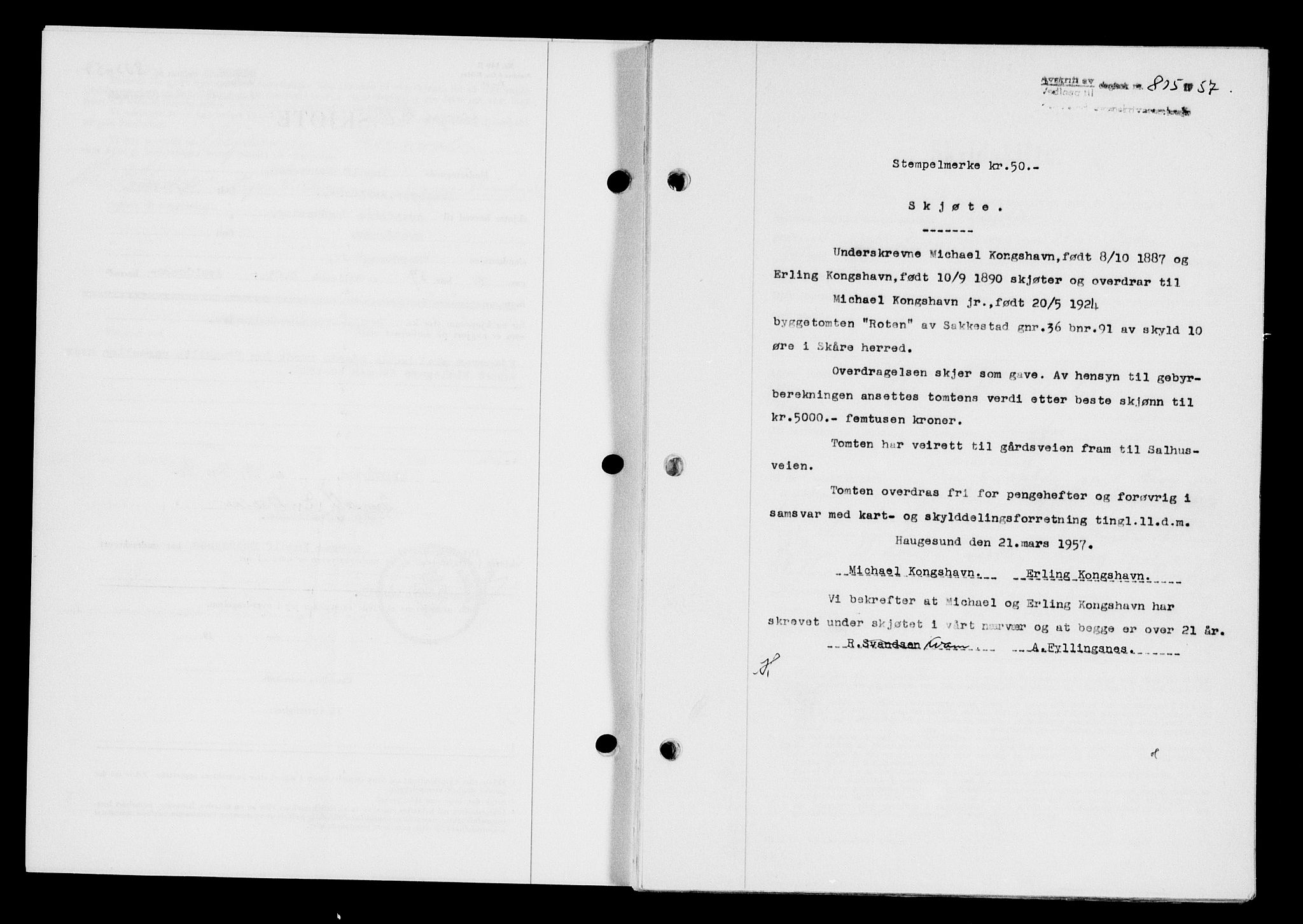 Karmsund sorenskriveri, SAST/A-100311/01/II/IIB/L0124: Pantebok nr. 104A, 1957-1957, Dagboknr: 805/1957