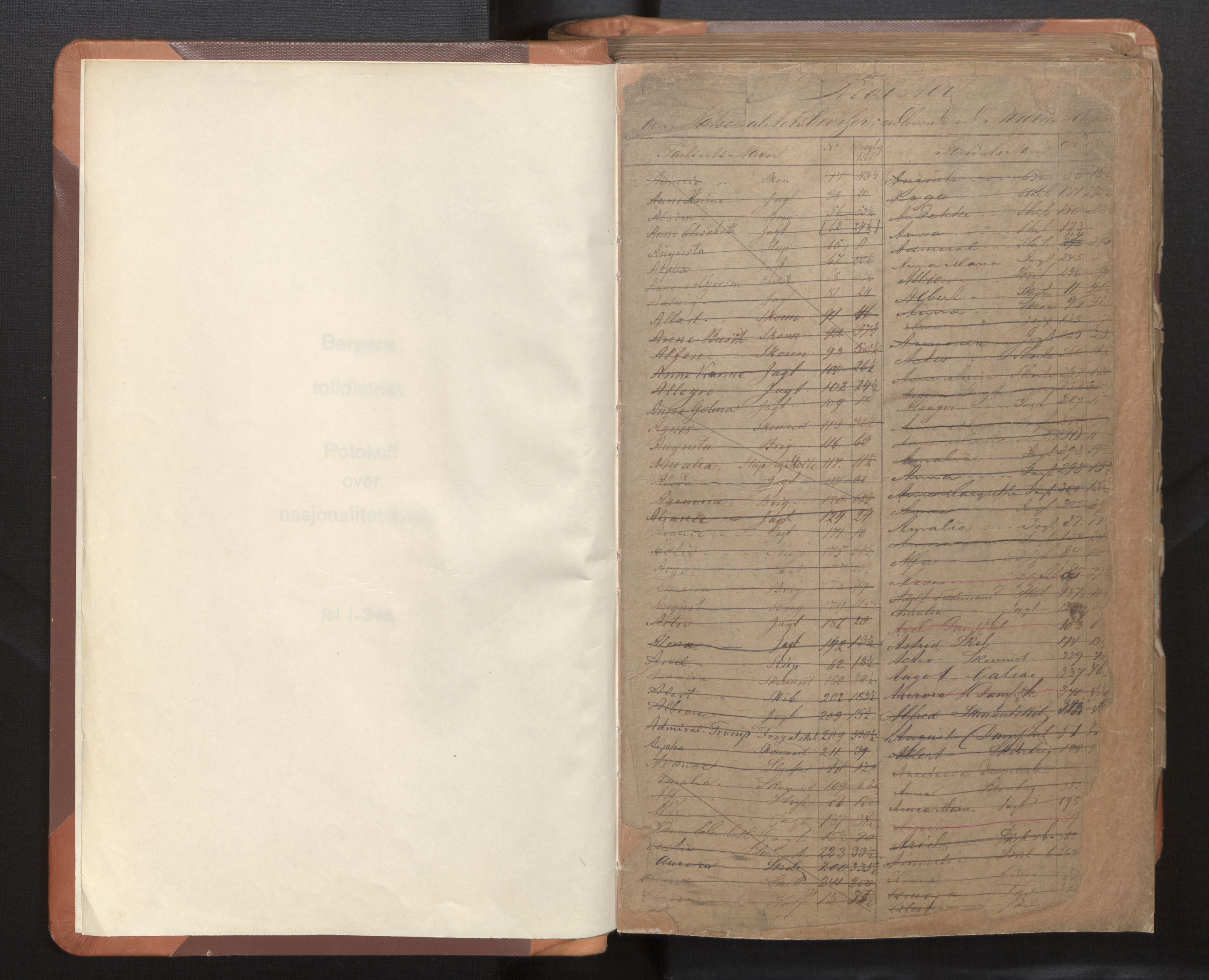 Bergen Tollarkiv, AV/SAB-A-58801/N/Nh/Nha/L0001: Protokoll over nasjonalitetsbevis I, folio 1 - 345, 1861-1903