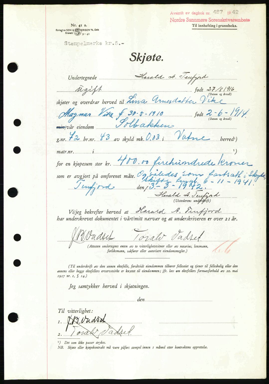 Nordre Sunnmøre sorenskriveri, AV/SAT-A-0006/1/2/2C/2Ca: Pantebok nr. A13, 1942-1942, Dagboknr: 487/1942