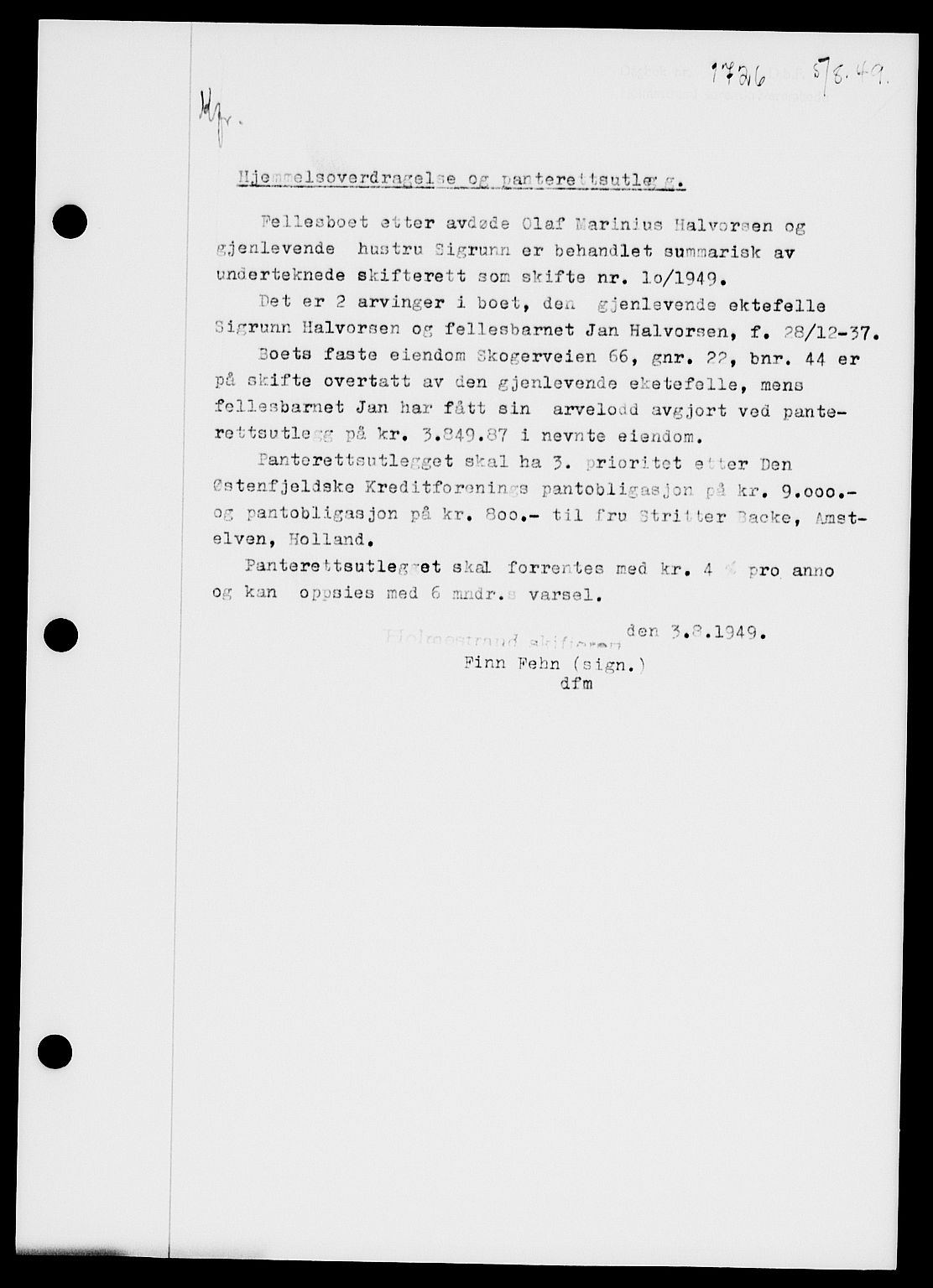 Holmestrand sorenskriveri, SAKO/A-67/G/Ga/Gaa/L0067: Pantebok nr. A-67, 1949-1949, Dagboknr: 1726/1949