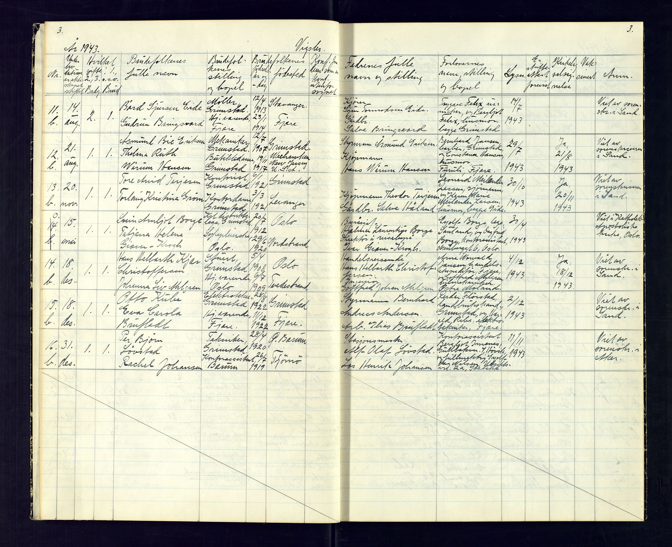 Grimstad sokneprestkontor, AV/SAK-1111-0017/J/Jb/L0005: Vigselsregister nr. II.6.5, 1942-1945, s. 3