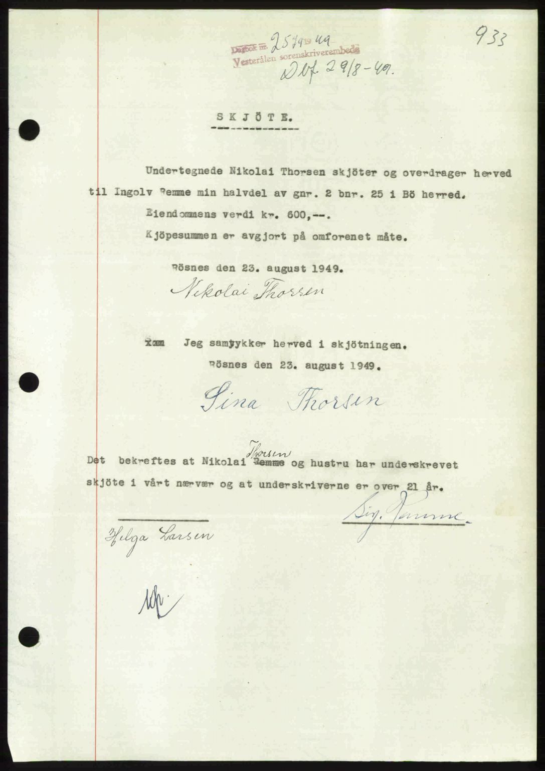 Vesterålen sorenskriveri, AV/SAT-A-4180/1/2/2Ca: Pantebok nr. A25, 1949-1949, Dagboknr: 2579/1949