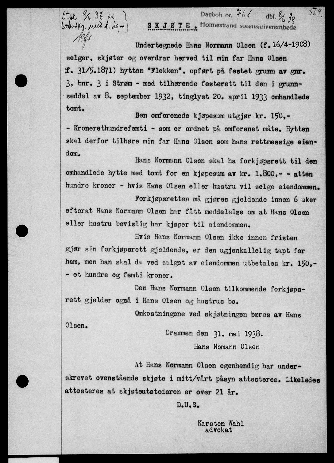 Holmestrand sorenskriveri, SAKO/A-67/G/Ga/Gaa/L0049: Pantebok nr. A-49, 1937-1938, Dagboknr: 761/1938