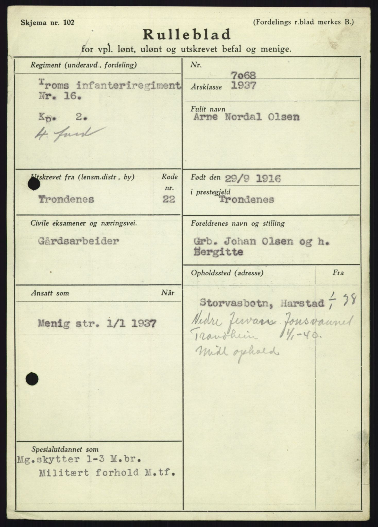 Forsvaret, Troms infanteriregiment nr. 16, AV/RA-RAFA-3146/P/Pa/L0021: Rulleblad for regimentets menige mannskaper, årsklasse 1937, 1937, s. 921