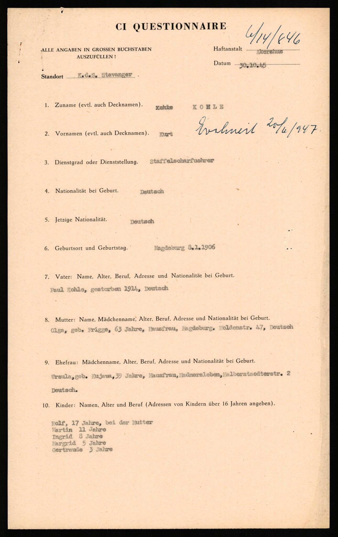 Forsvaret, Forsvarets overkommando II, AV/RA-RAFA-3915/D/Db/L0017: CI Questionaires. Tyske okkupasjonsstyrker i Norge. Tyskere., 1945-1946, s. 415