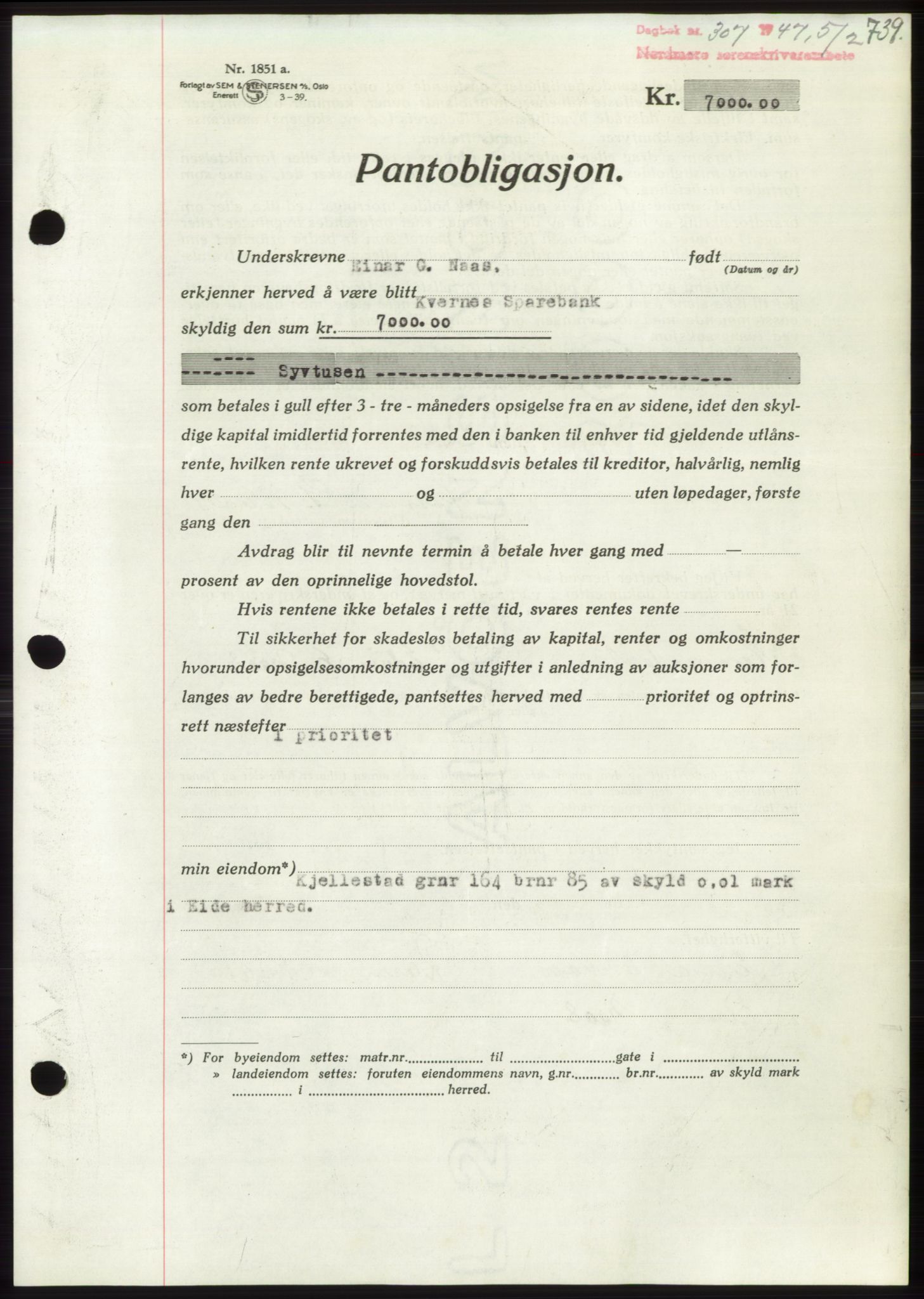 Nordmøre sorenskriveri, AV/SAT-A-4132/1/2/2Ca: Pantebok nr. B95, 1946-1947, Dagboknr: 307/1947