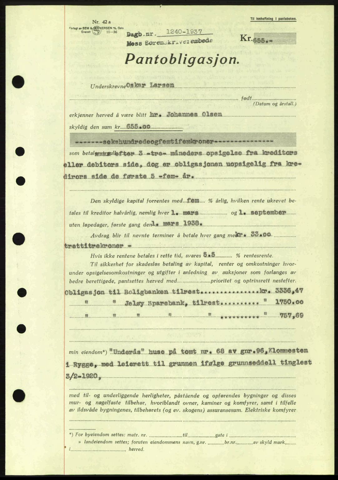 Moss sorenskriveri, SAO/A-10168: Pantebok nr. B3, 1937-1937, Dagboknr: 1240/1937