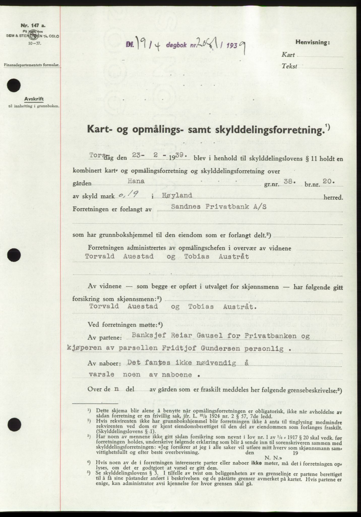 Jæren sorenskriveri, SAST/A-100310/03/G/Gba/L0074: Pantebok, 1939-1939, Dagboknr: 2081/1939