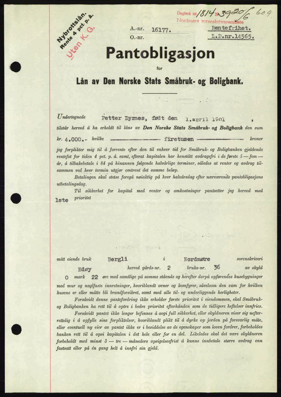 Nordmøre sorenskriveri, AV/SAT-A-4132/1/2/2Ca: Pantebok nr. B85, 1939-1939, Dagboknr: 1814/1939