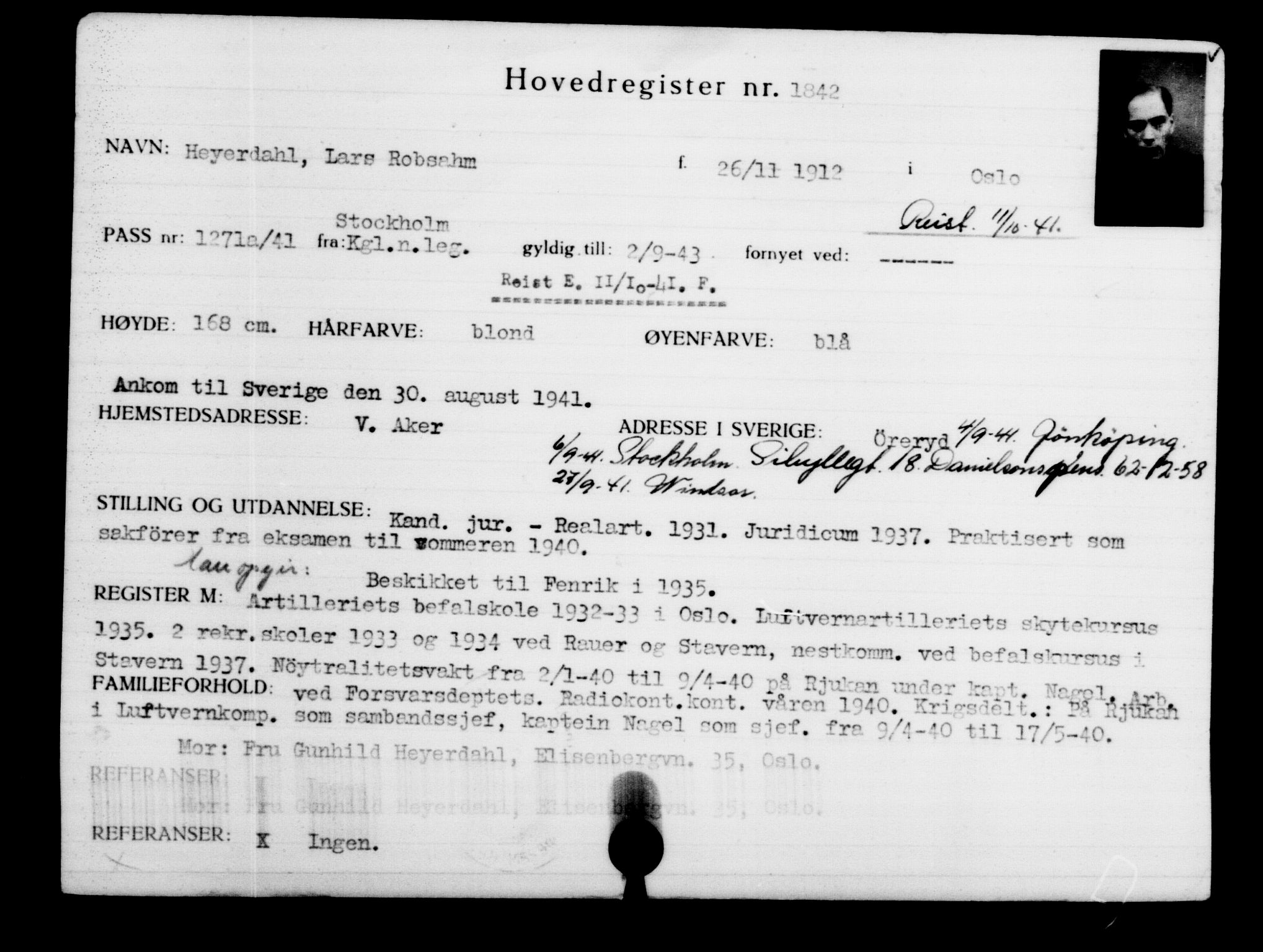Utenriksstasjonene, Legasjonen i Stockholm, Flyktningkontoret, AV/RA-S-6753/V/Va/L0002: Kjesäterkartoteket, flyktninger med registreringsnr. 1001-2000, 1940-1945, s. 1201