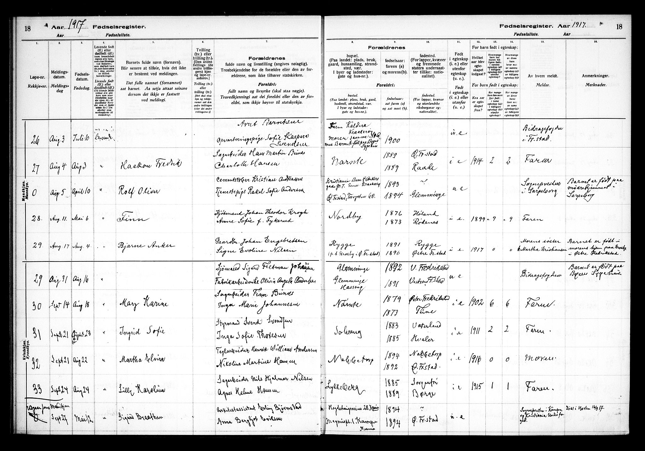 Østre Fredrikstad prestekontor Kirkebøker, AV/SAO-A-10907/J/Ja/L0001: Fødselsregister nr. 1, 1916-1936, s. 18