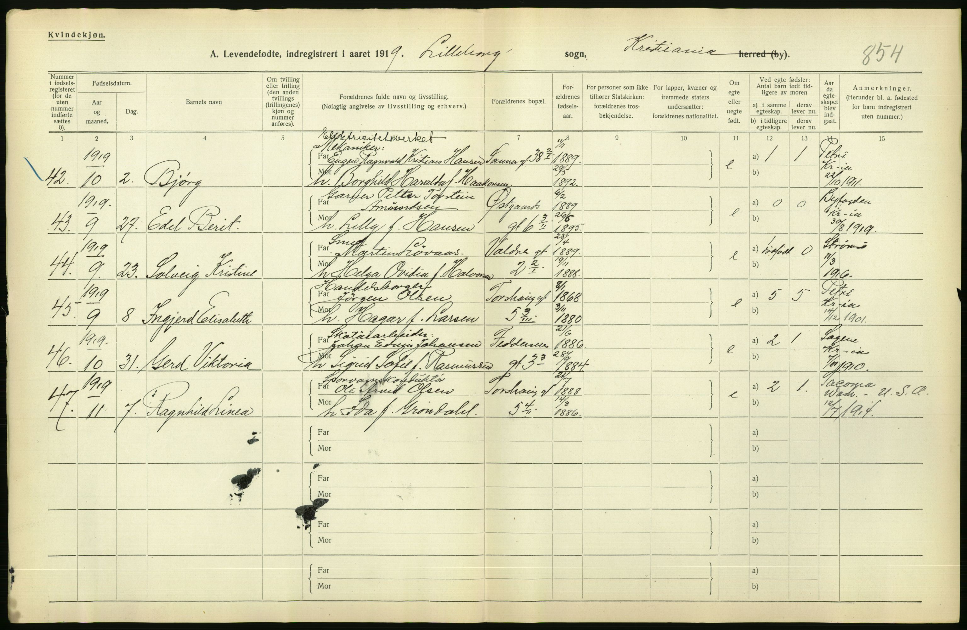 Statistisk sentralbyrå, Sosiodemografiske emner, Befolkning, AV/RA-S-2228/D/Df/Dfb/Dfbi/L0008: Kristiania: Levendefødte menn og kvinner., 1919