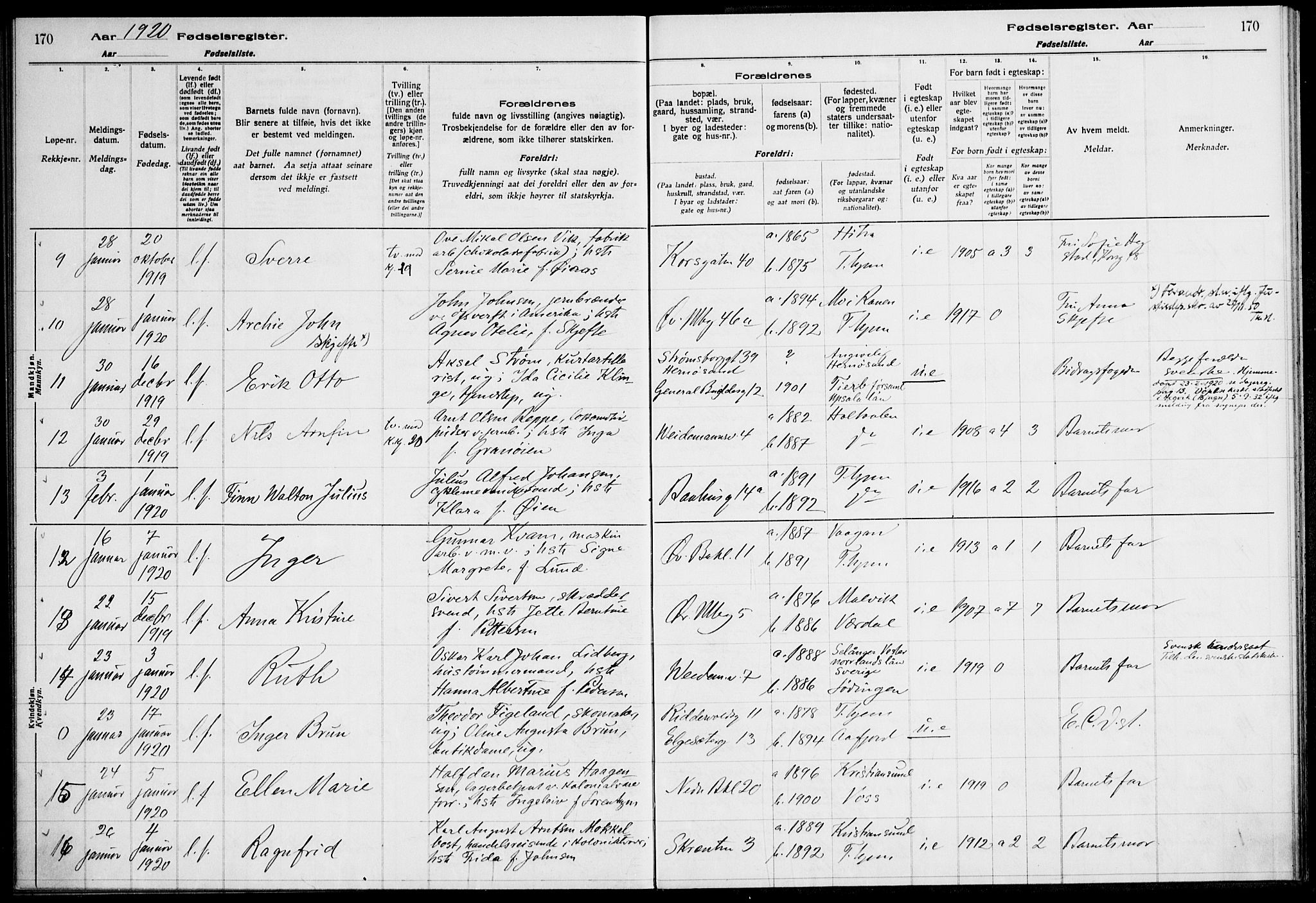 Ministerialprotokoller, klokkerbøker og fødselsregistre - Sør-Trøndelag, SAT/A-1456/604/L0232: Fødselsregister nr. 604.II.4.1, 1916-1920, s. 170