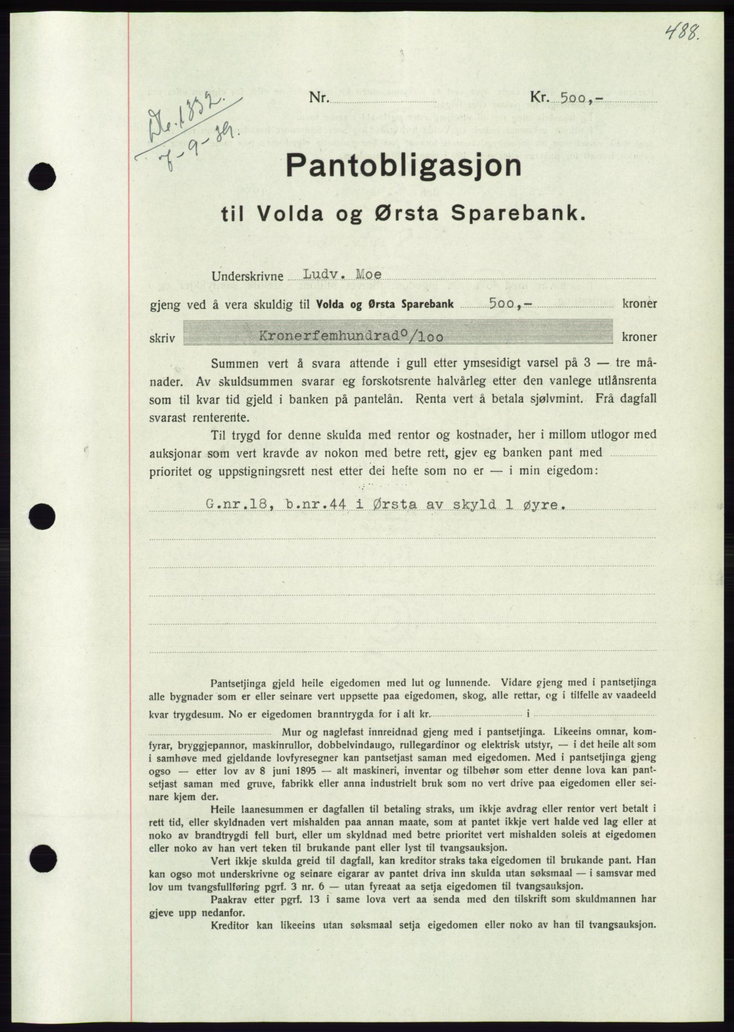 Søre Sunnmøre sorenskriveri, AV/SAT-A-4122/1/2/2C/L0068: Pantebok nr. 62, 1939-1939, Dagboknr: 1332/1939