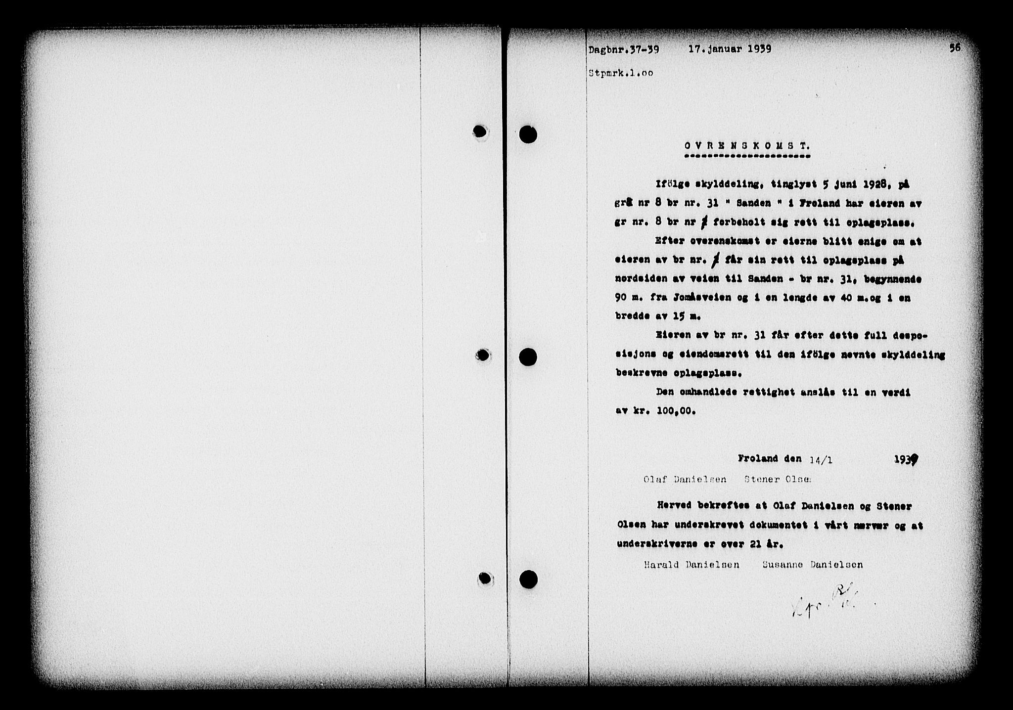 Nedenes sorenskriveri, SAK/1221-0006/G/Gb/Gba/L0046: Pantebok nr. 42, 1938-1939, Dagboknr: 37/1939