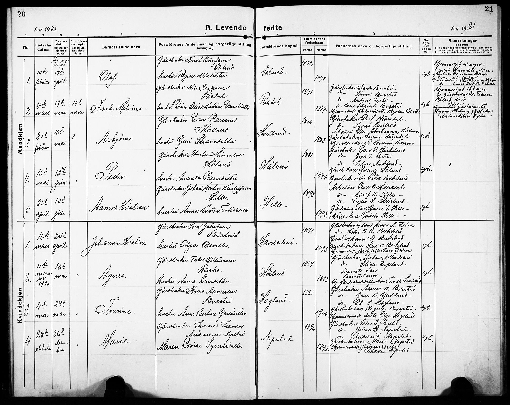 Nord-Audnedal sokneprestkontor, SAK/1111-0032/F/Fb/Fba/L0005: Klokkerbok nr. B 5, 1918-1932, s. 20-21