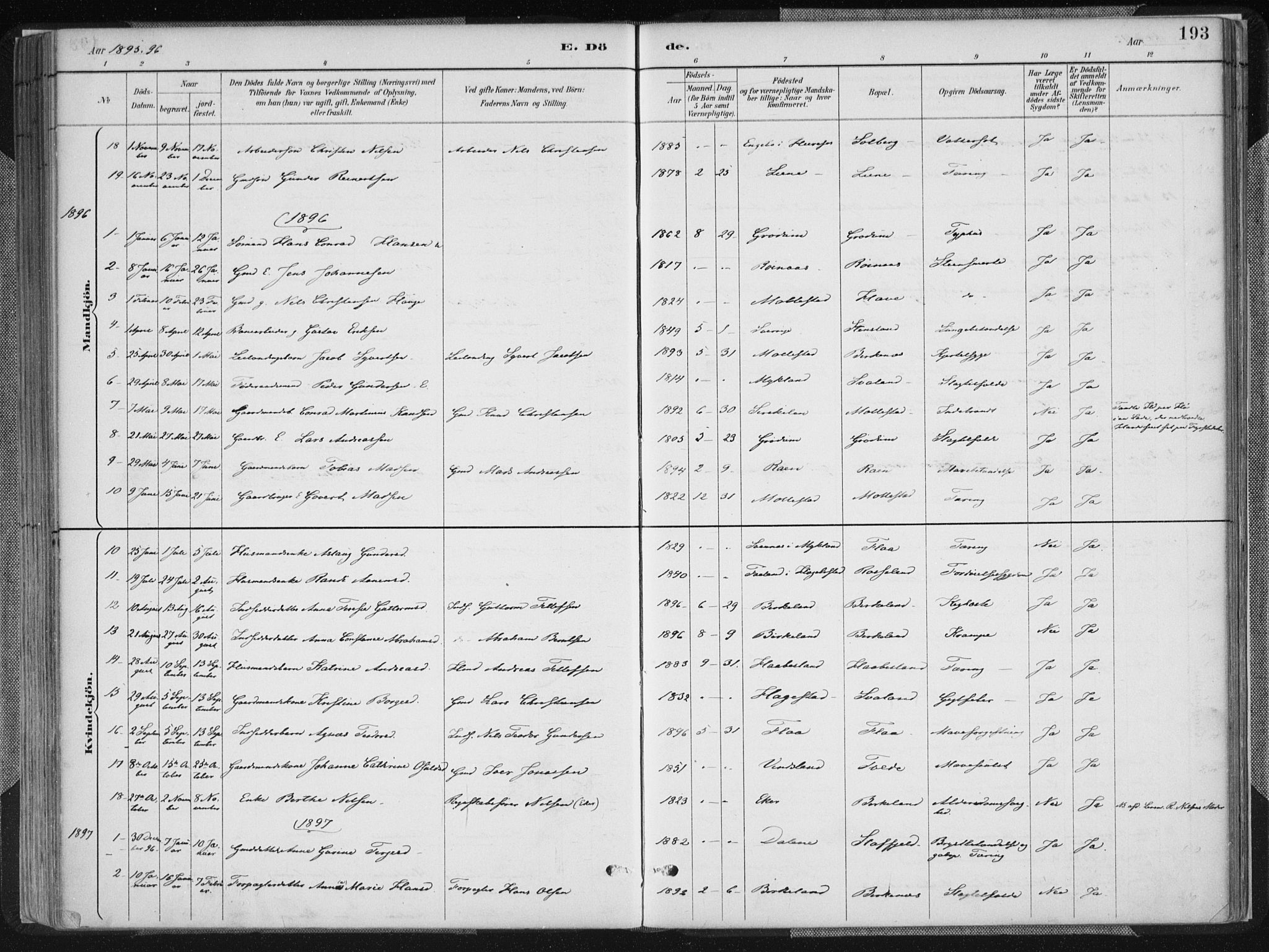 Birkenes sokneprestkontor, AV/SAK-1111-0004/F/Fa/L0005: Ministerialbok nr. A 5, 1887-1907, s. 193