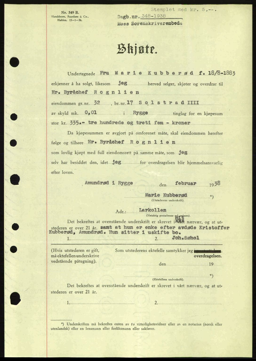 Moss sorenskriveri, SAO/A-10168: Pantebok nr. A4, 1938-1938, Dagboknr: 348/1938