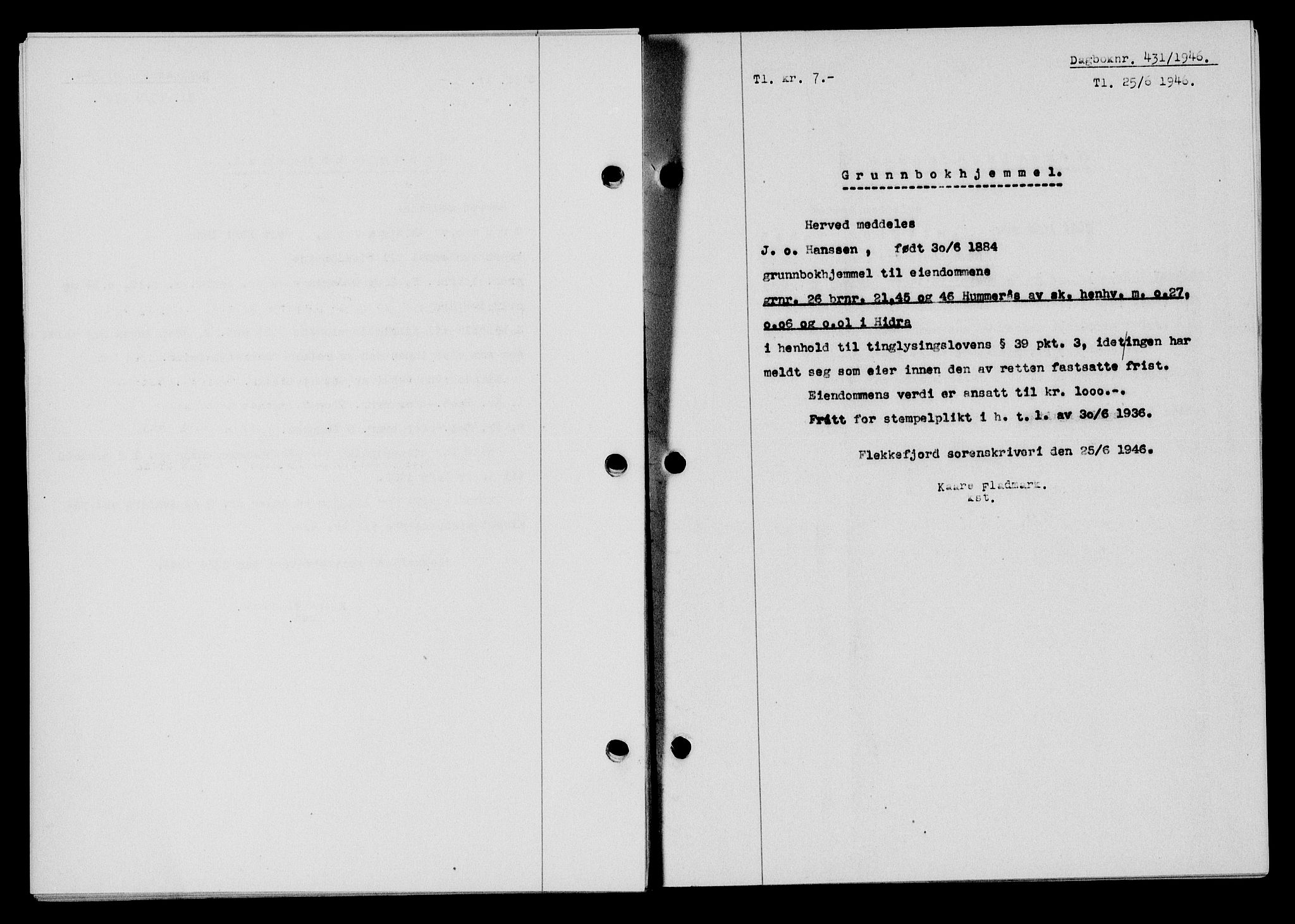 Flekkefjord sorenskriveri, SAK/1221-0001/G/Gb/Gba/L0060: Pantebok nr. A-8, 1945-1946, Dagboknr: 431/1946
