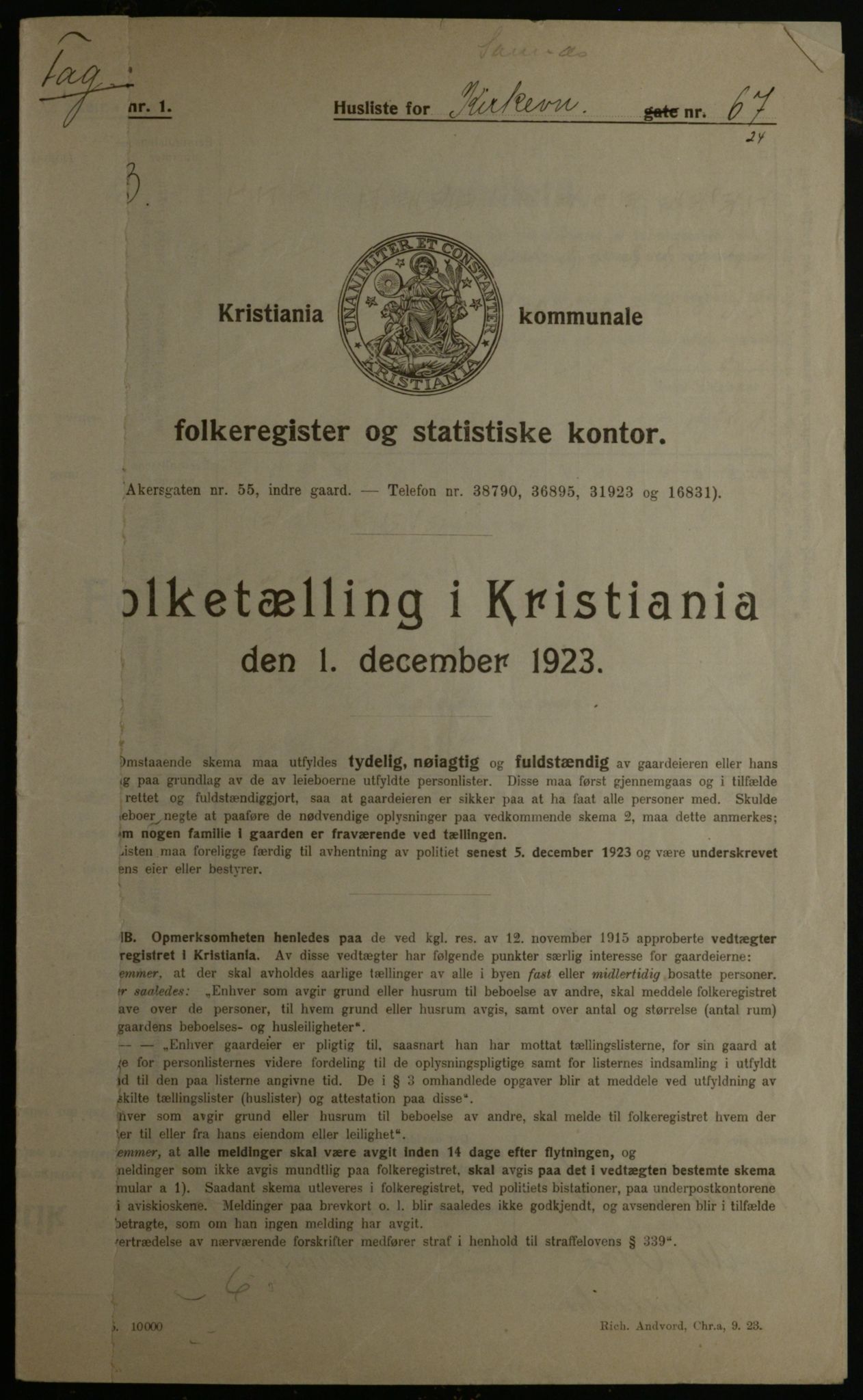 OBA, Kommunal folketelling 1.12.1923 for Kristiania, 1923, s. 57045