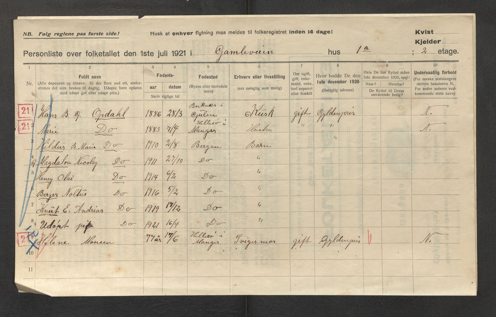 SAB, Kommunal folketelling 1921 for Gyldenpris ved overføring fra Laksevåg herred til Bergen kjøpstad, 1921, s. 8