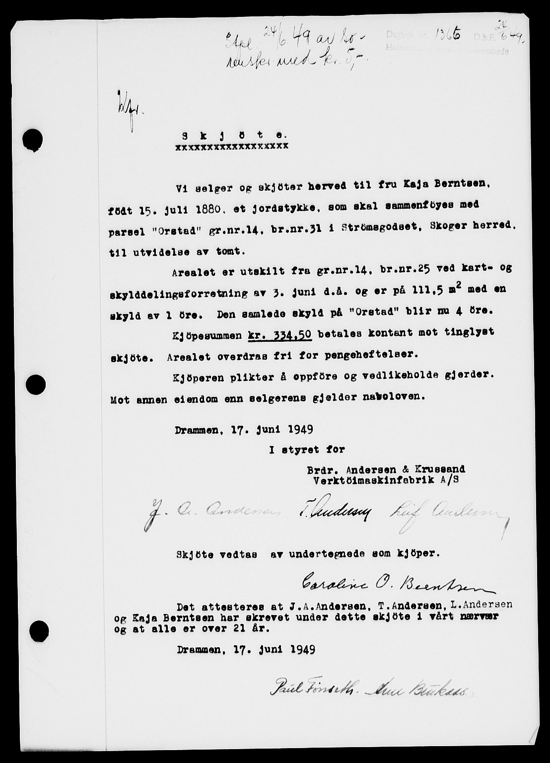 Holmestrand sorenskriveri, SAKO/A-67/G/Ga/Gaa/L0066: Pantebok nr. A-66, 1949-1949, Dagboknr: 1366/1949
