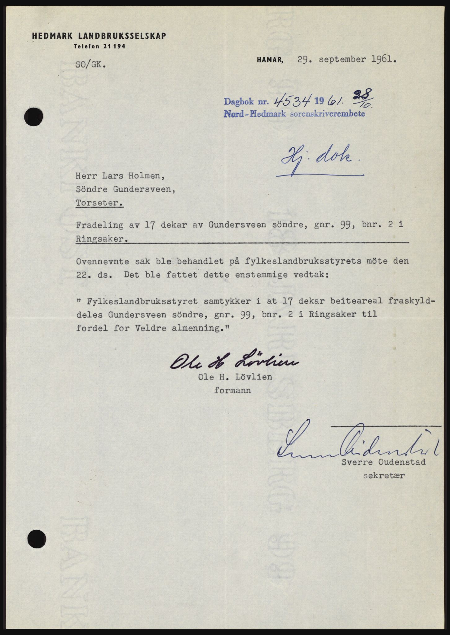 Nord-Hedmark sorenskriveri, SAH/TING-012/H/Hc/L0015: Pantebok nr. 15, 1961-1961, Dagboknr: 4534/1961