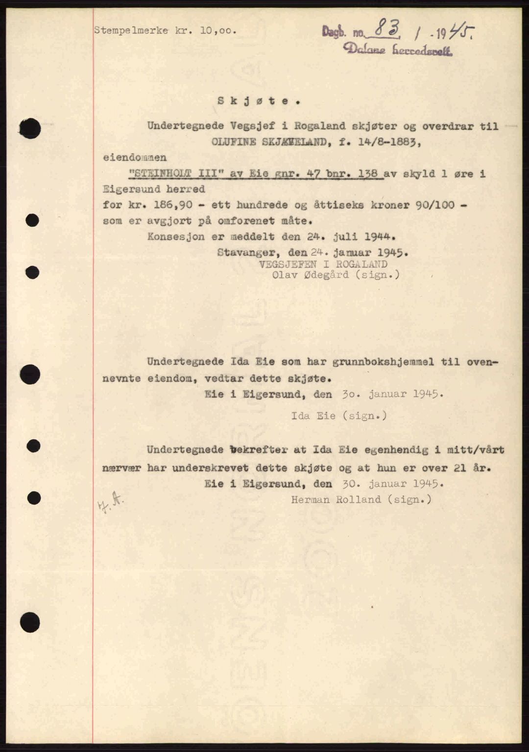 Dalane sorenskriveri, SAST/A-100309/02/G/Gb/L0047: Pantebok nr. A8 I, 1944-1945, Dagboknr: 83/1945
