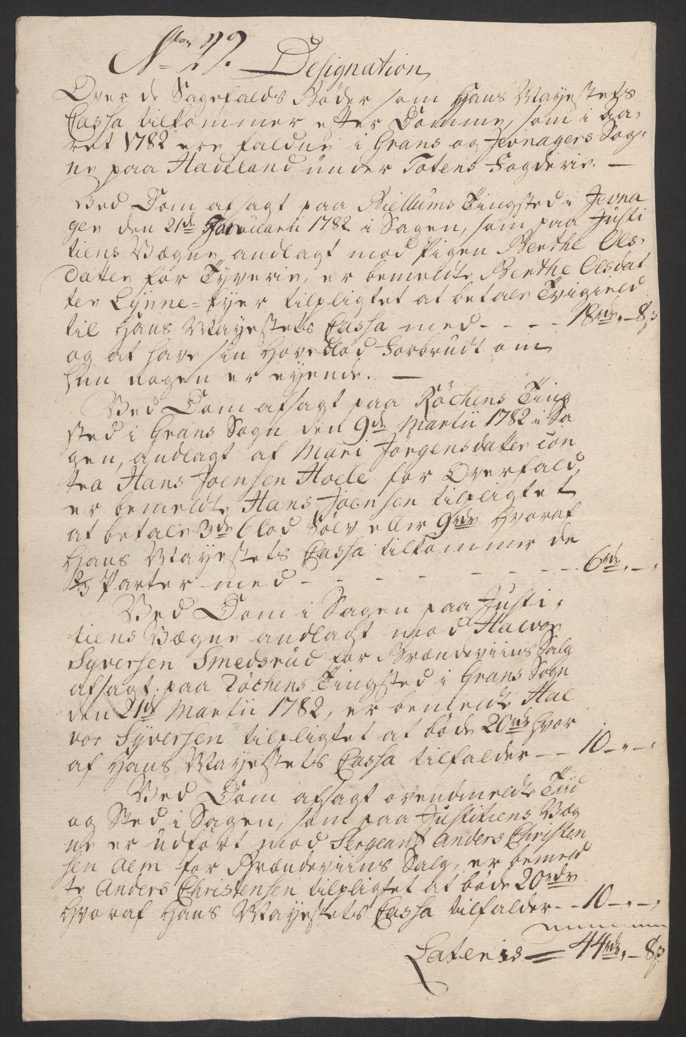 Rentekammeret inntil 1814, Reviderte regnskaper, Fogderegnskap, RA/EA-4092/R19/L1369: Fogderegnskap Toten, Hadeland og Vardal, 1782, s. 139