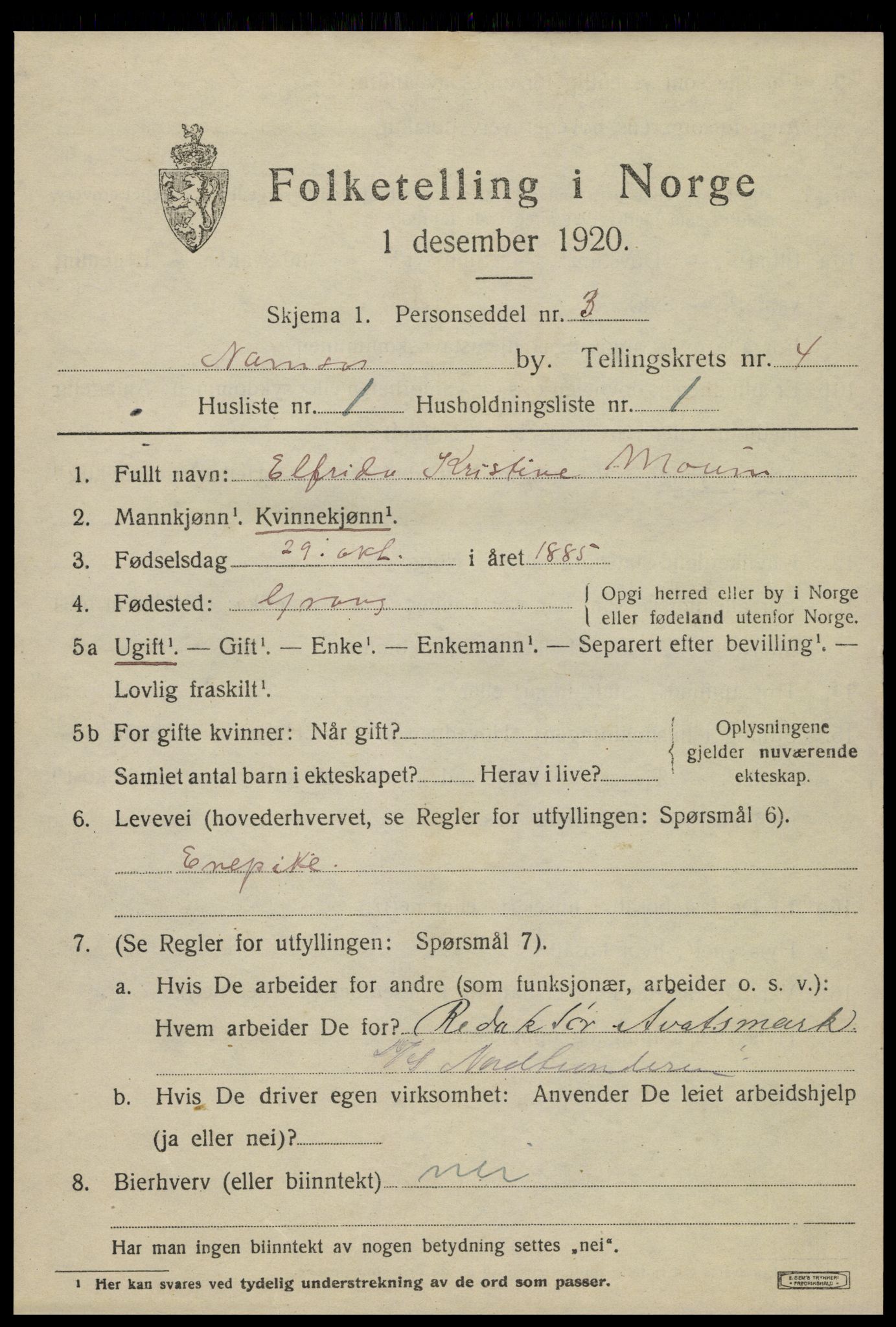SAT, Folketelling 1920 for 1703 Namsos ladested, 1920, s. 4843
