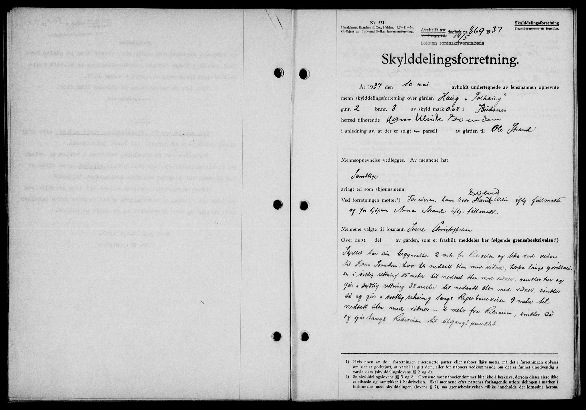 Lofoten sorenskriveri, SAT/A-0017/1/2/2C/L0002a: Pantebok nr. 2a, 1937-1937, Dagboknr: 869/1937
