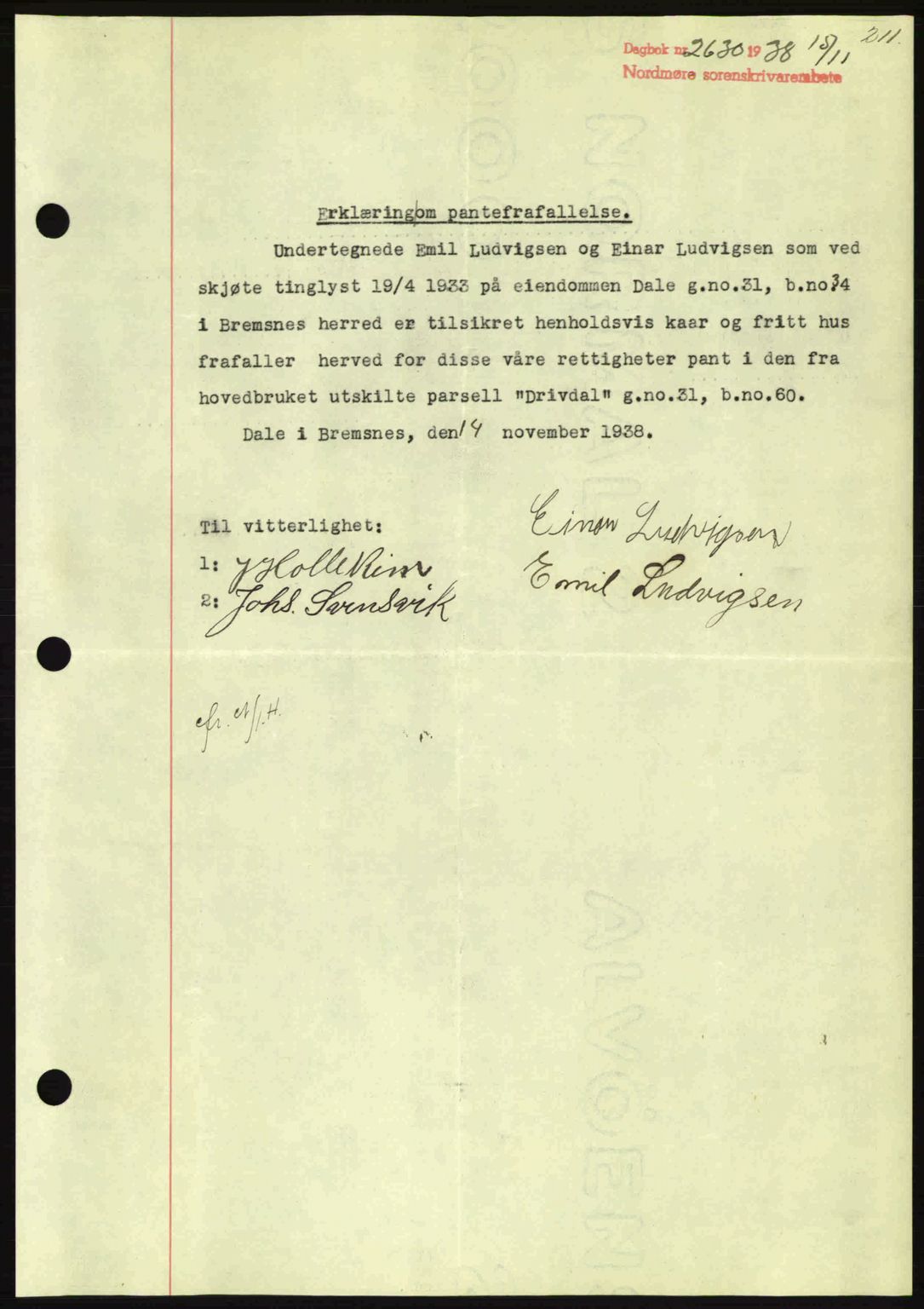 Nordmøre sorenskriveri, SAT/A-4132/1/2/2Ca: Pantebok nr. B84, 1938-1939, Dagboknr: 2630/1938
