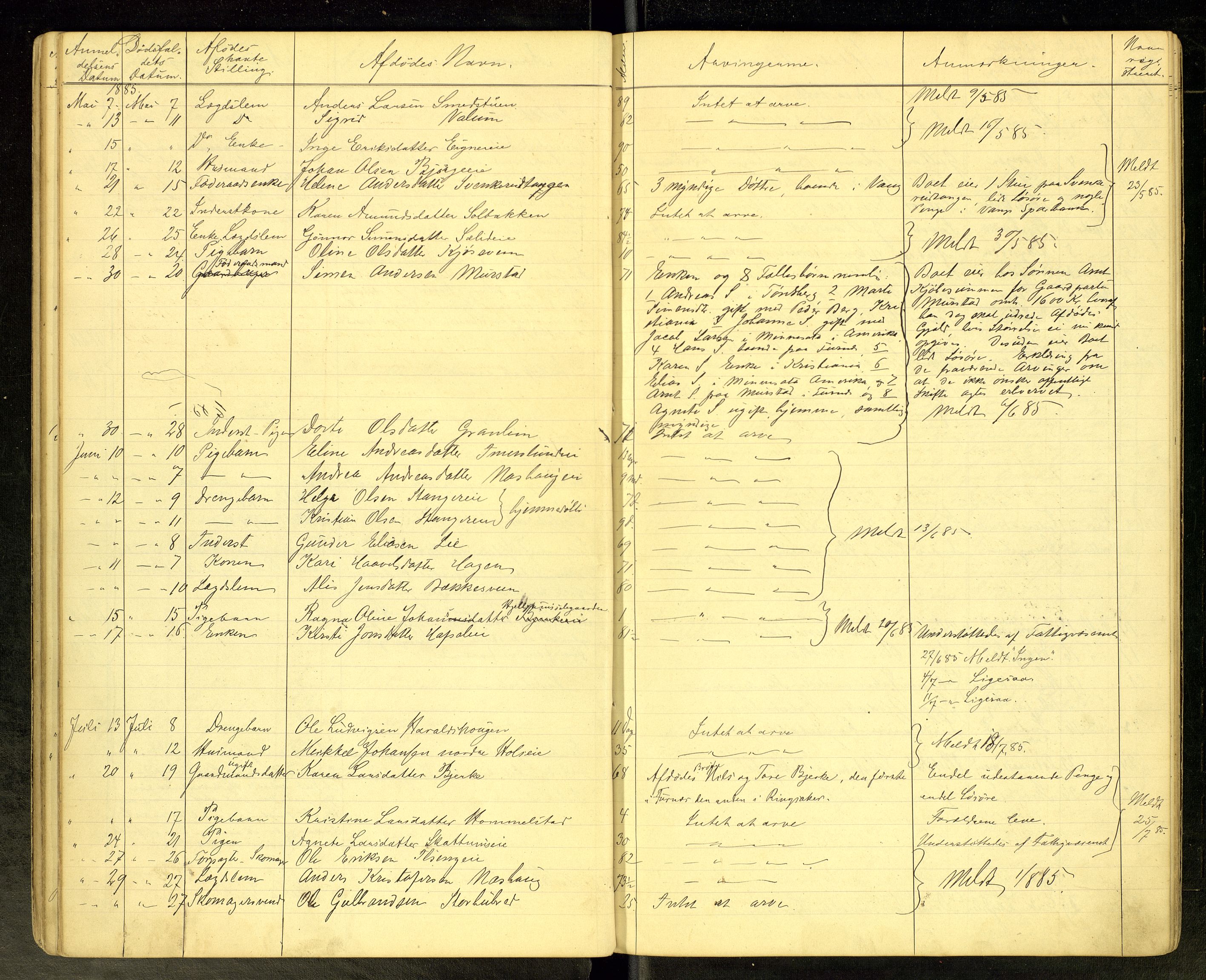 Vang, Hedmark, lensmannskontor, SAH/LHV-018/H/Ha/L0002: Dødsfallsprotokoll, 1882-1889