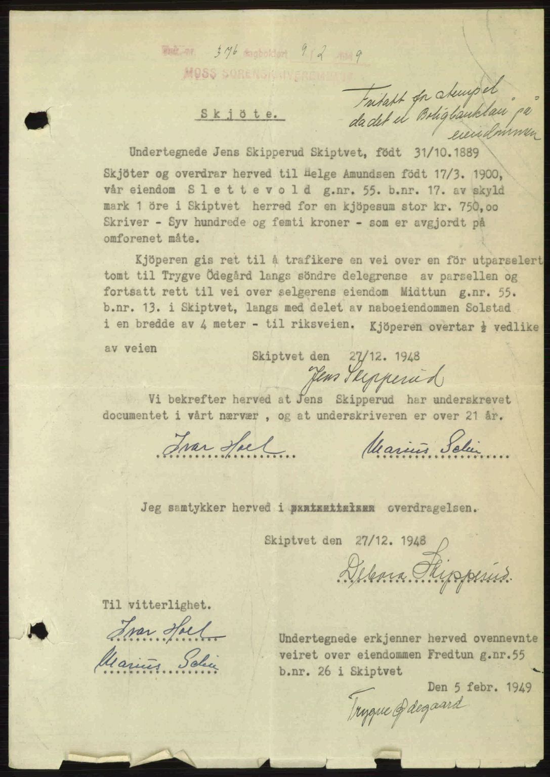 Moss sorenskriveri, SAO/A-10168: Pantebok nr. A2, 1947-1950, Dagboknr: 376/1949
