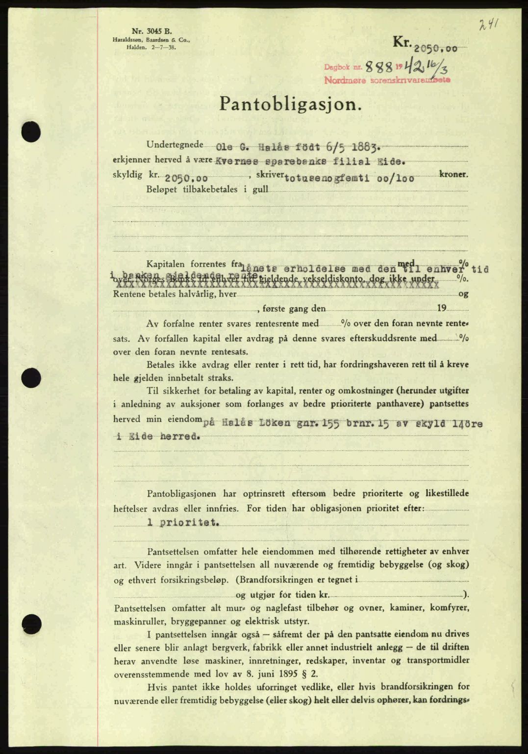 Nordmøre sorenskriveri, AV/SAT-A-4132/1/2/2Ca: Pantebok nr. B89, 1942-1942, Dagboknr: 888/1942