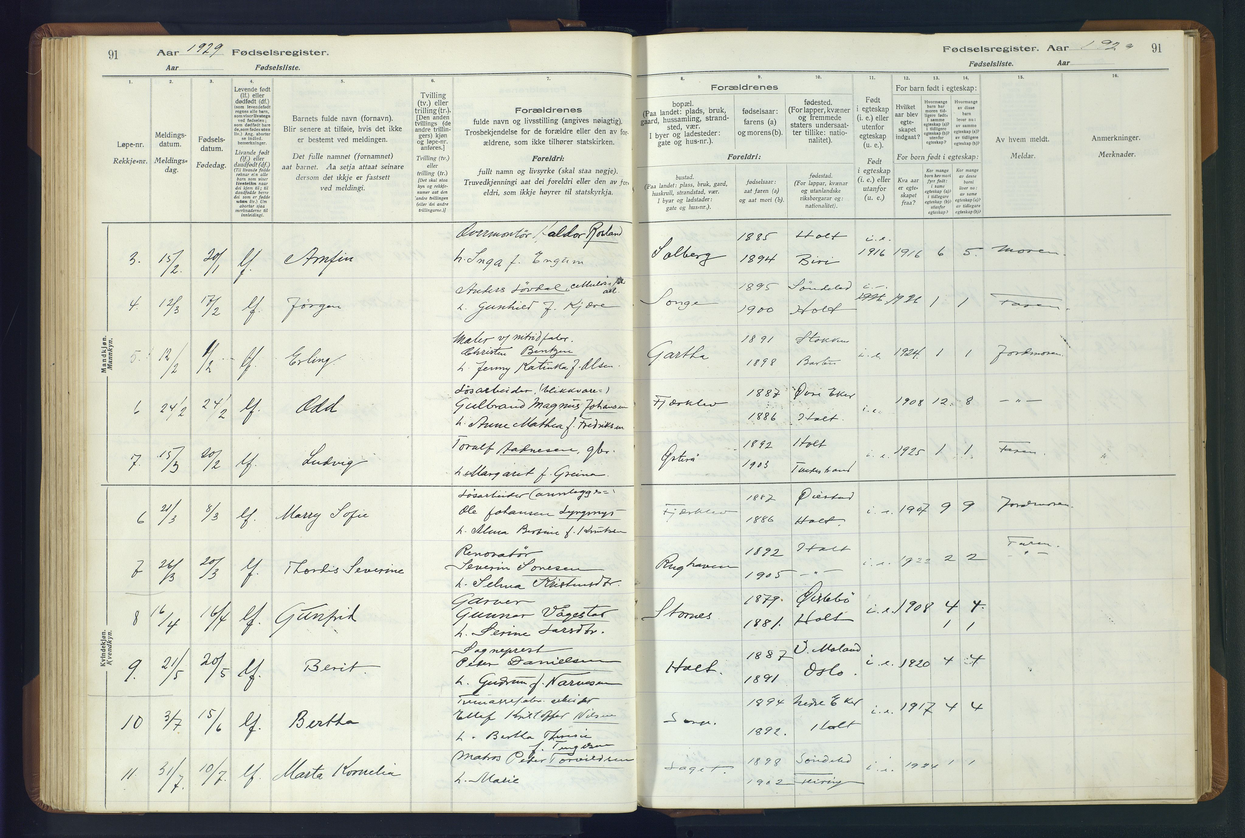 Holt sokneprestkontor, AV/SAK-1111-0021/J/Ja/L0001: Fødselsregister nr. II.4.1, 1916-1946, s. 91